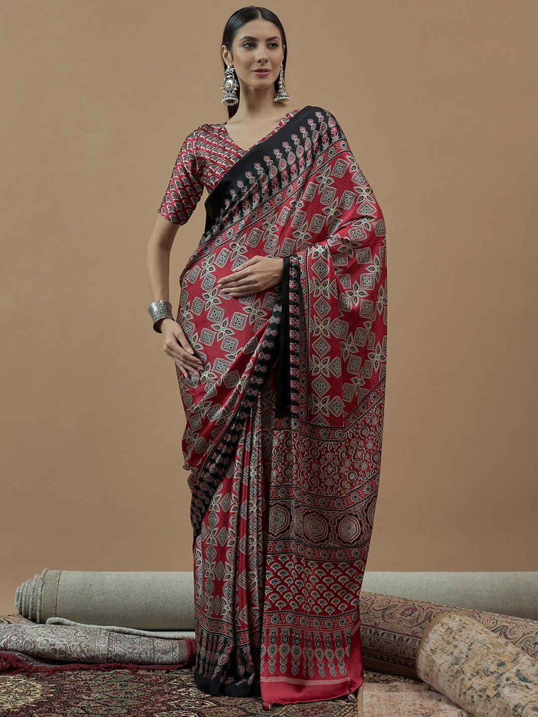 

Saree mall Ajrak Block Poly Crepe Block Print Sarees, Maroon