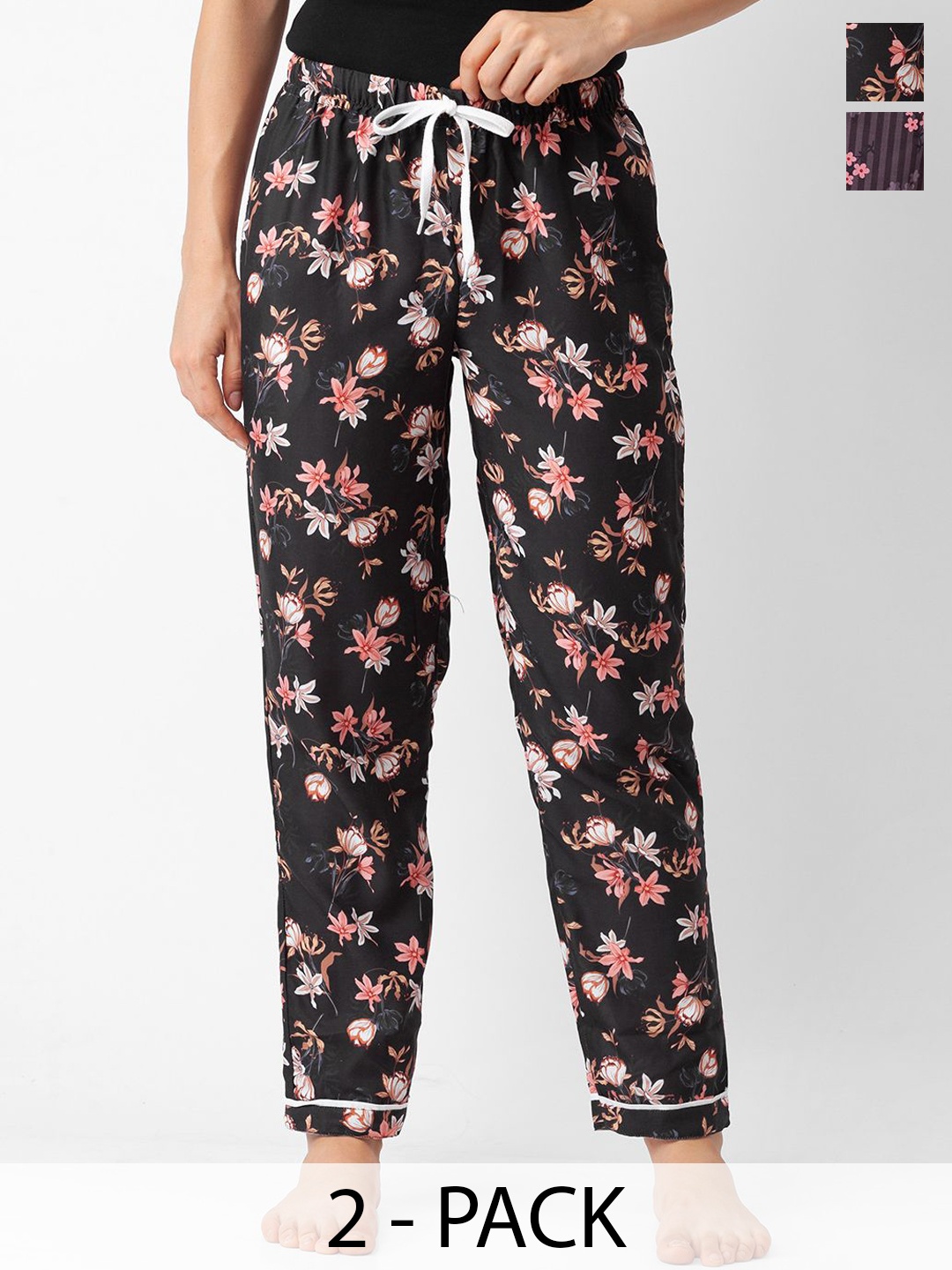 

FashionRack Women Pack Of 2 Floral Printed Pyjamas, Black