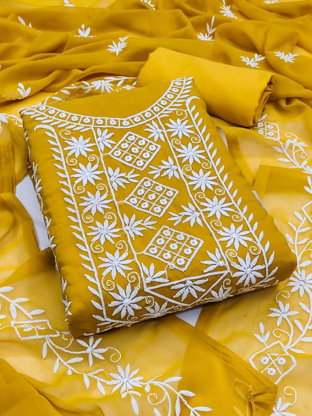

ZEEPKART Silk Georgette Unstitched Dress Material, Mustard