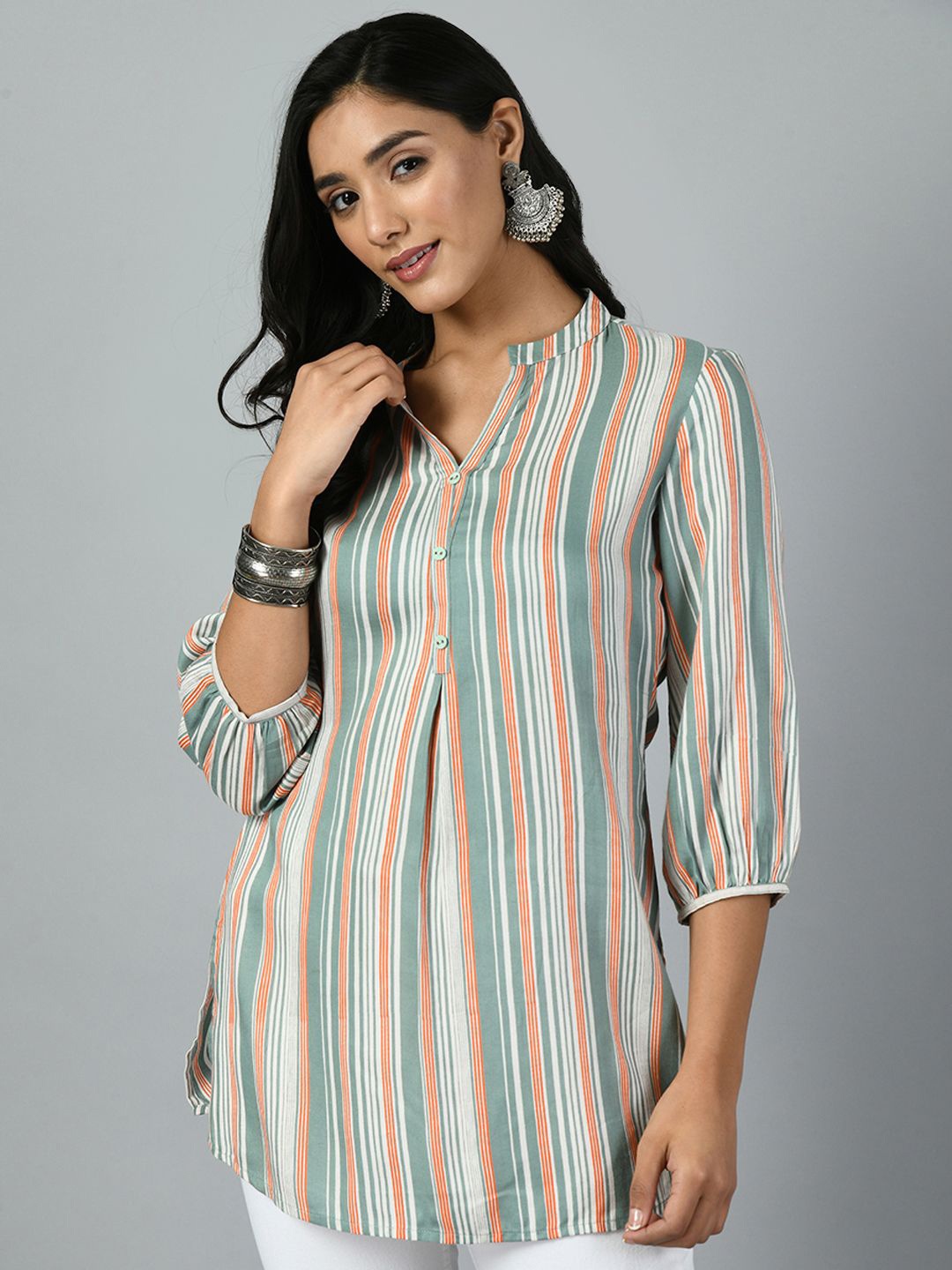 

MEESAN Mandarin Collar Striped Embellished Tunic, White