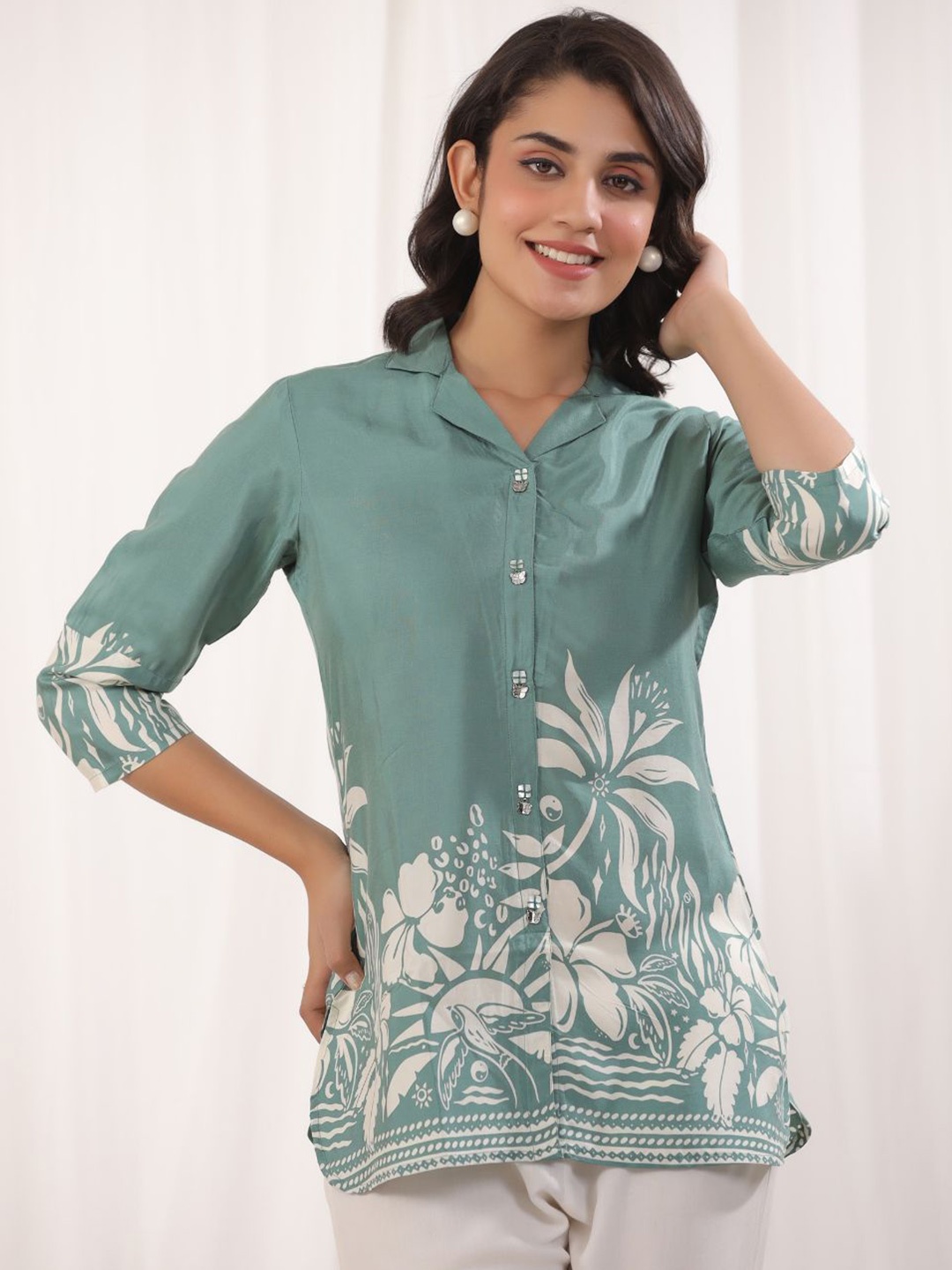 

Kaftanize Floral Printed Shirt Style Top, Green