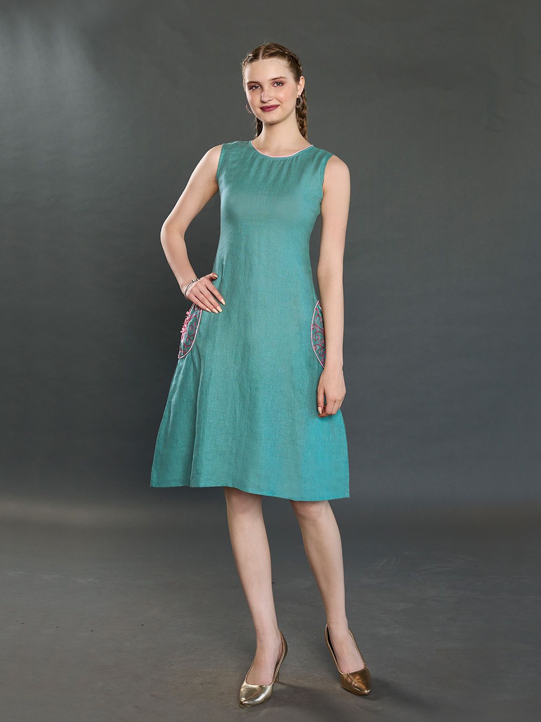 

ZILAIRE Linen Fit & Flare Dress, Green