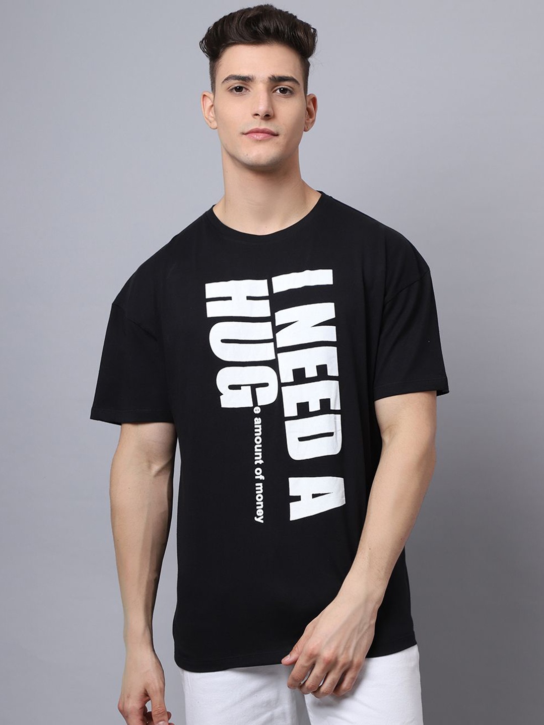 

DOOR74 Men Typography Printed Drop-Shoulder Sleeves T-shirt, Black