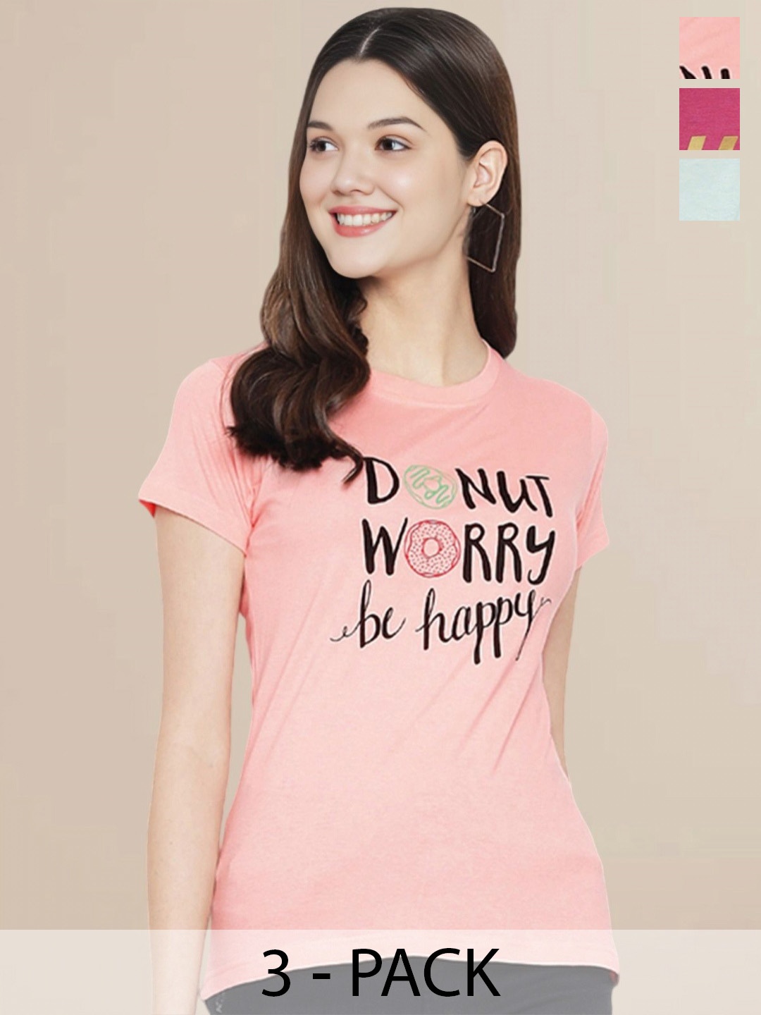 

Metronaut Women Pack Of 3 Typography Printed Round Neck Cotton T-shirts, Sea green