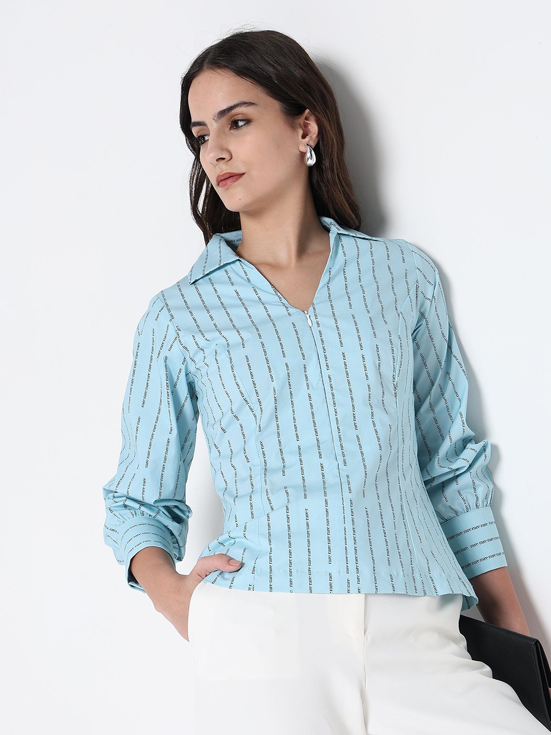 

RAREISM Women Cotton Shirt Collar Striped Cuffed Sleeves Shirt Style Top, Blue