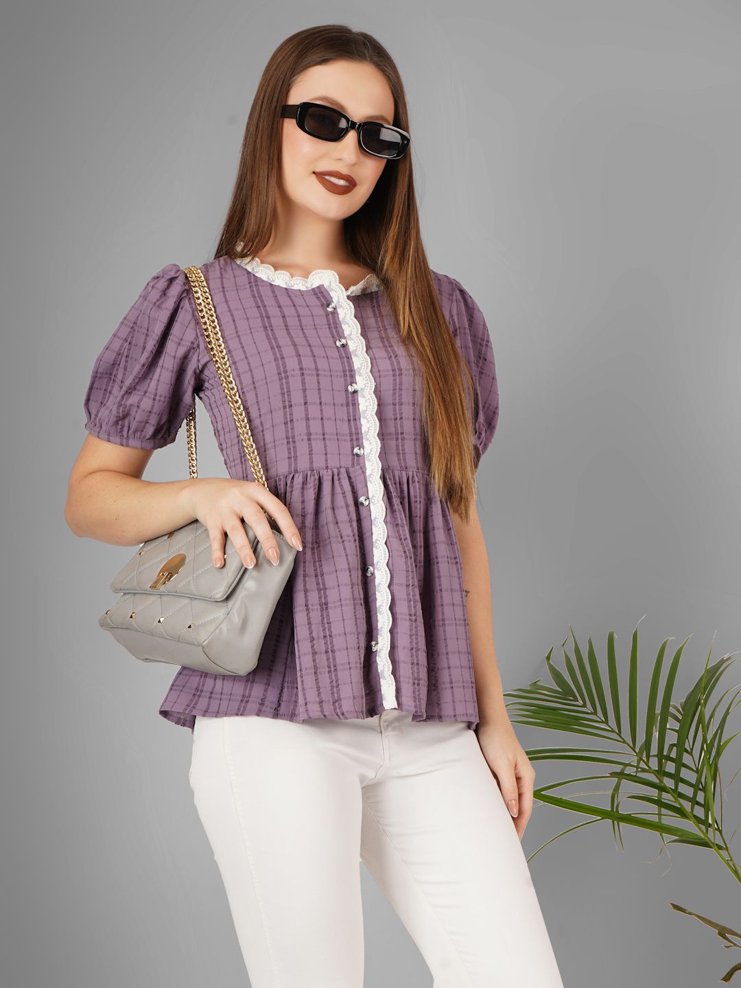 

Kinjo Women Checked Puff Sleeve Top, Lavender