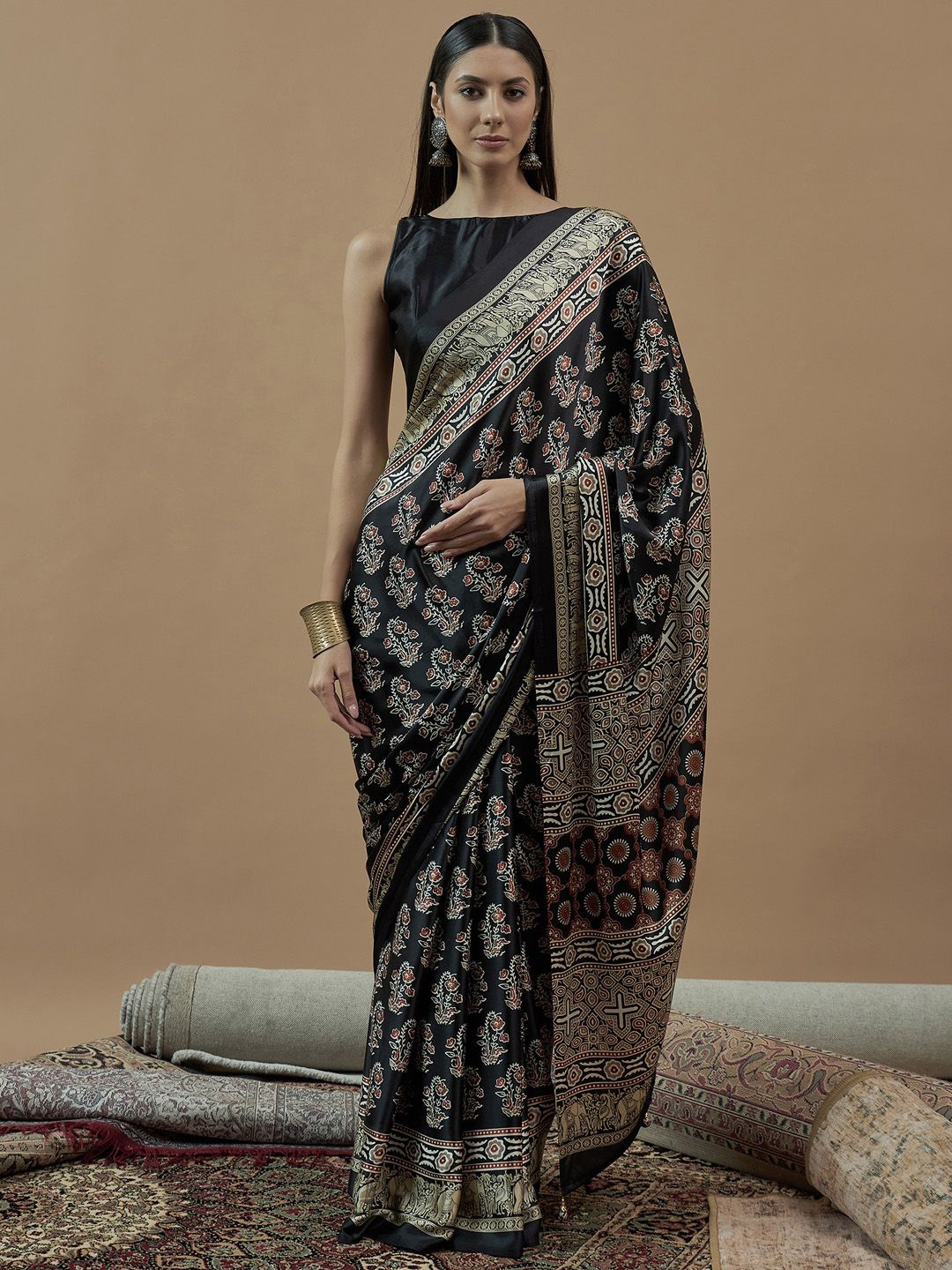 

Saree mall Ajrak Block Poly Crepe Block Print Sarees, Black