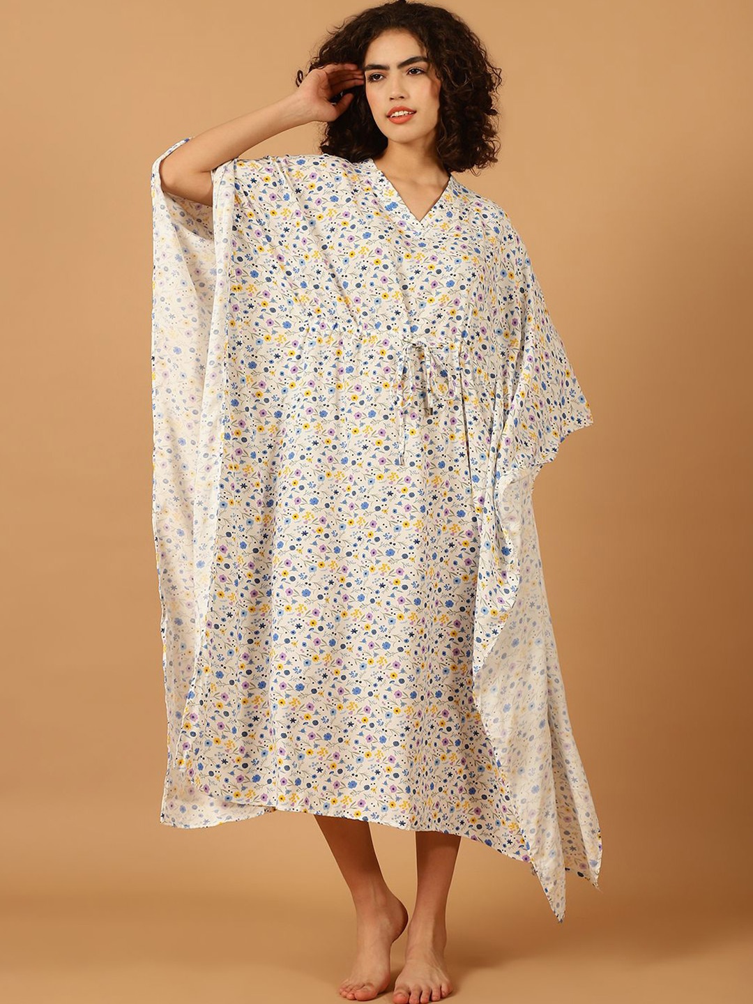 

Blissence Women Floral Printed V-Neck Maxi Kaftan Nightdress, White