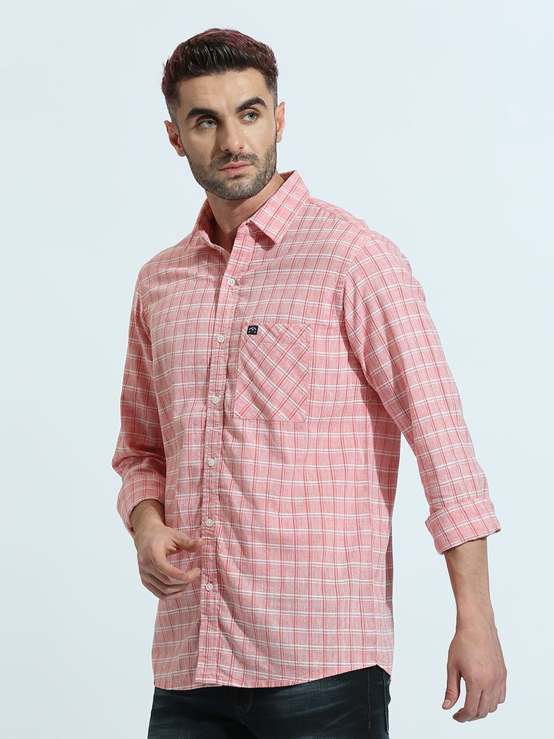 

Klub Fox Men Spread Collar Checked Cotton Slim Fit Casual Shirt, Pink