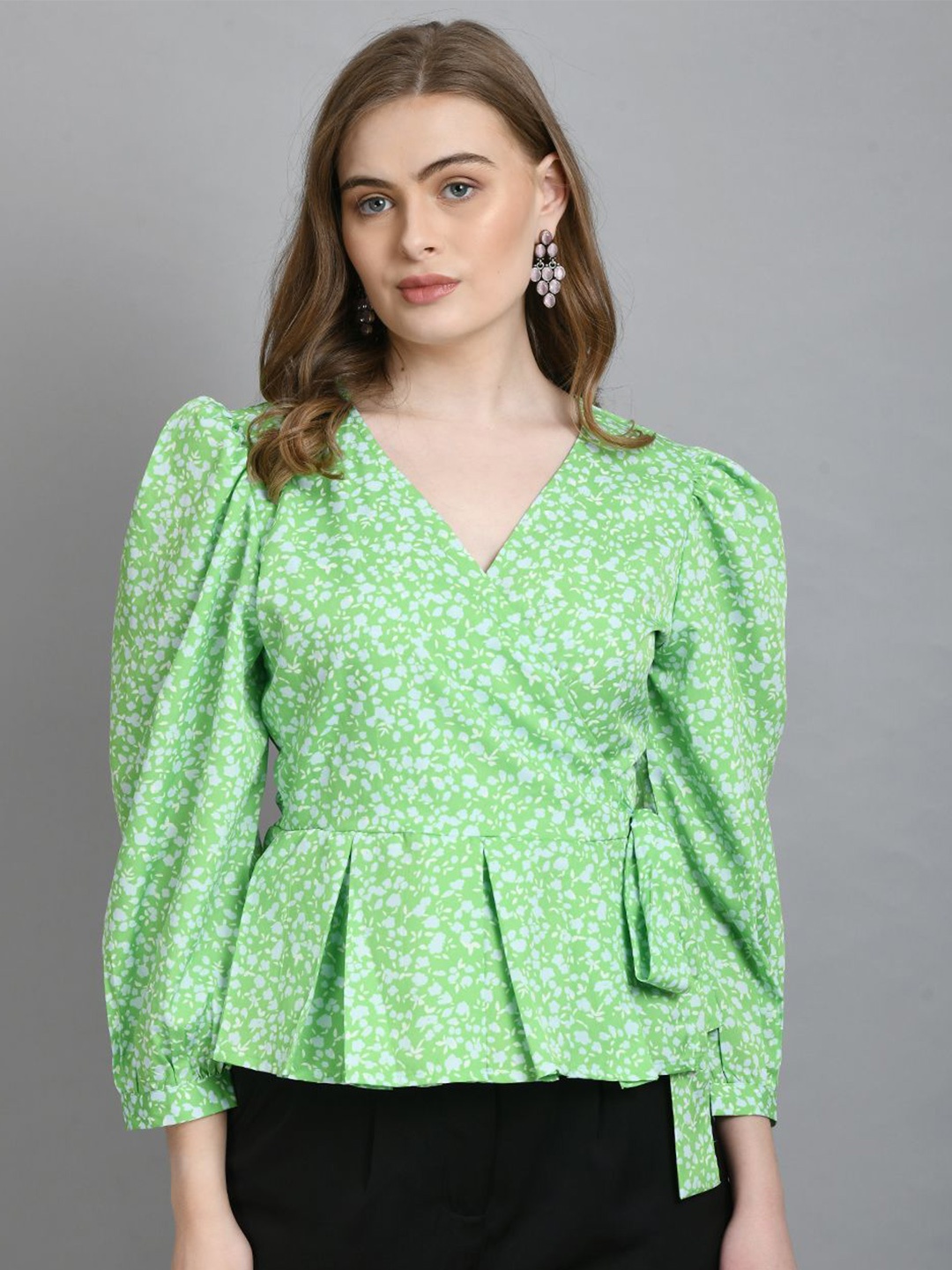 

all about you Women Floral Printed Puff Sleeve Wrap Top, Green
