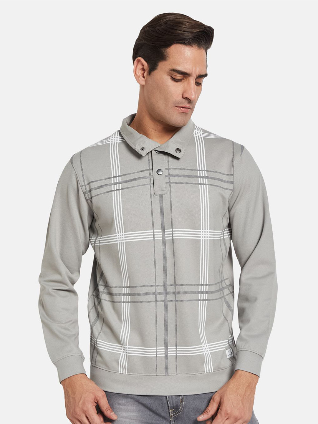 

Octave Men Striped Shirt Collar Pullover Sweatshirt, Grey