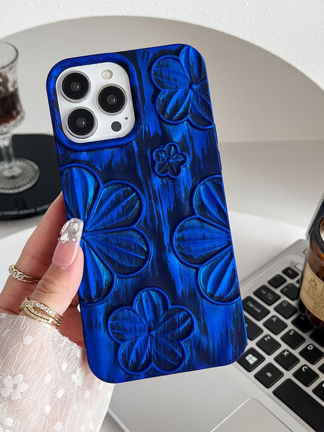 

Luxury Kase Floral Printed iPhone 13 Pro Max Back Case Mobile Accessories, Navy blue