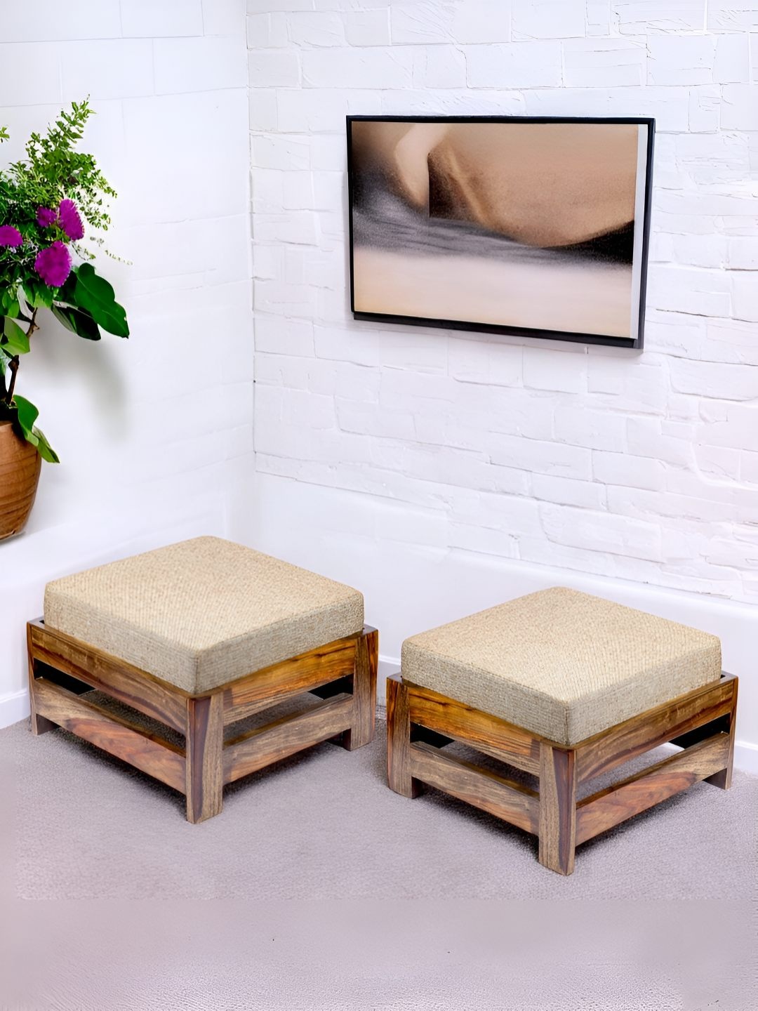 

Ikiriya 2-Pcs Beige & Brown Wooden Square Stools