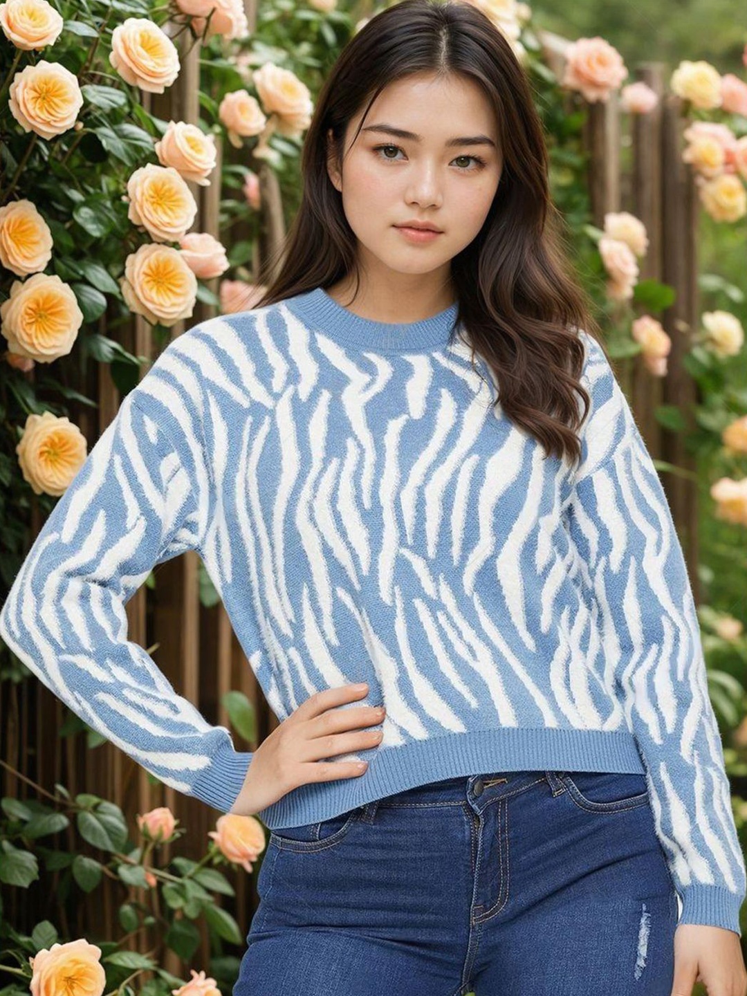 

Stylecast X Kotty Women Cotton Printed Crop Pullover, Blue