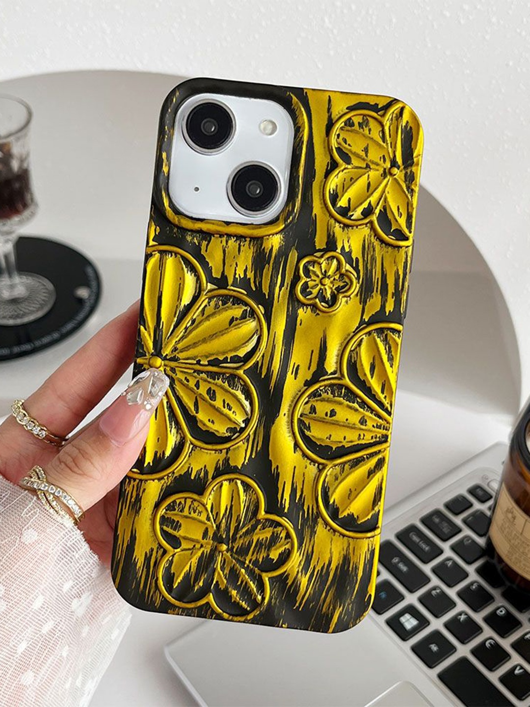 

Luxury Kase Floral Printed iPhone 15 Plus Back Case Mobile Accessories, Yellow