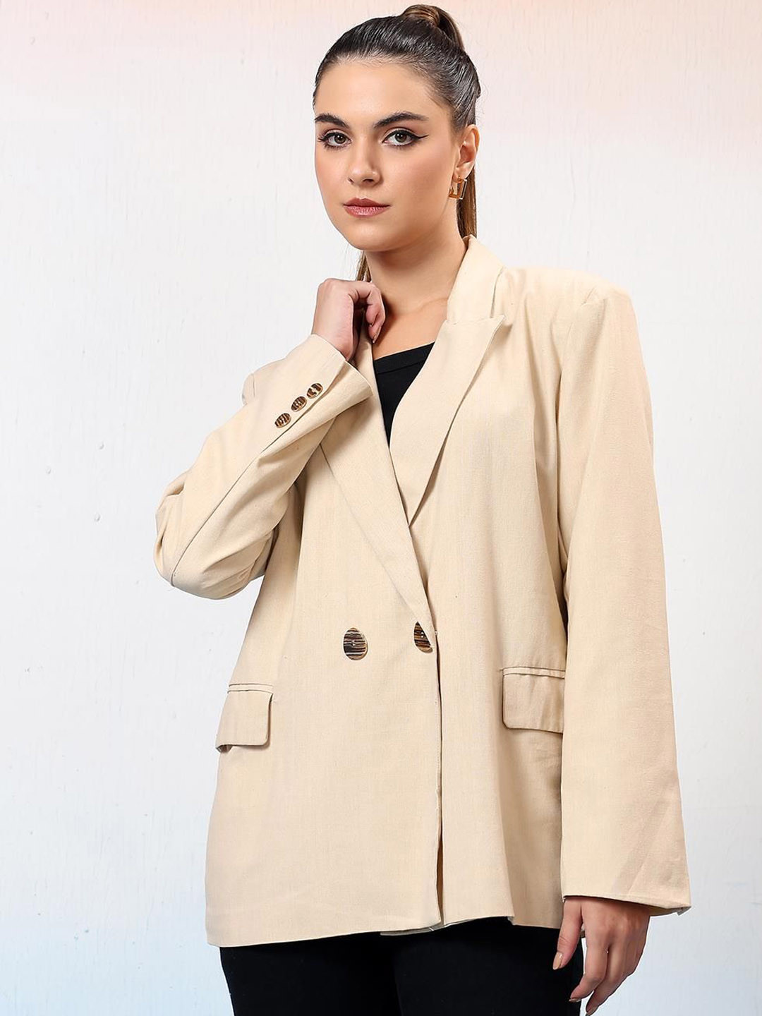 

Kotty Notched Lapel Double Breasted Blazer, Beige