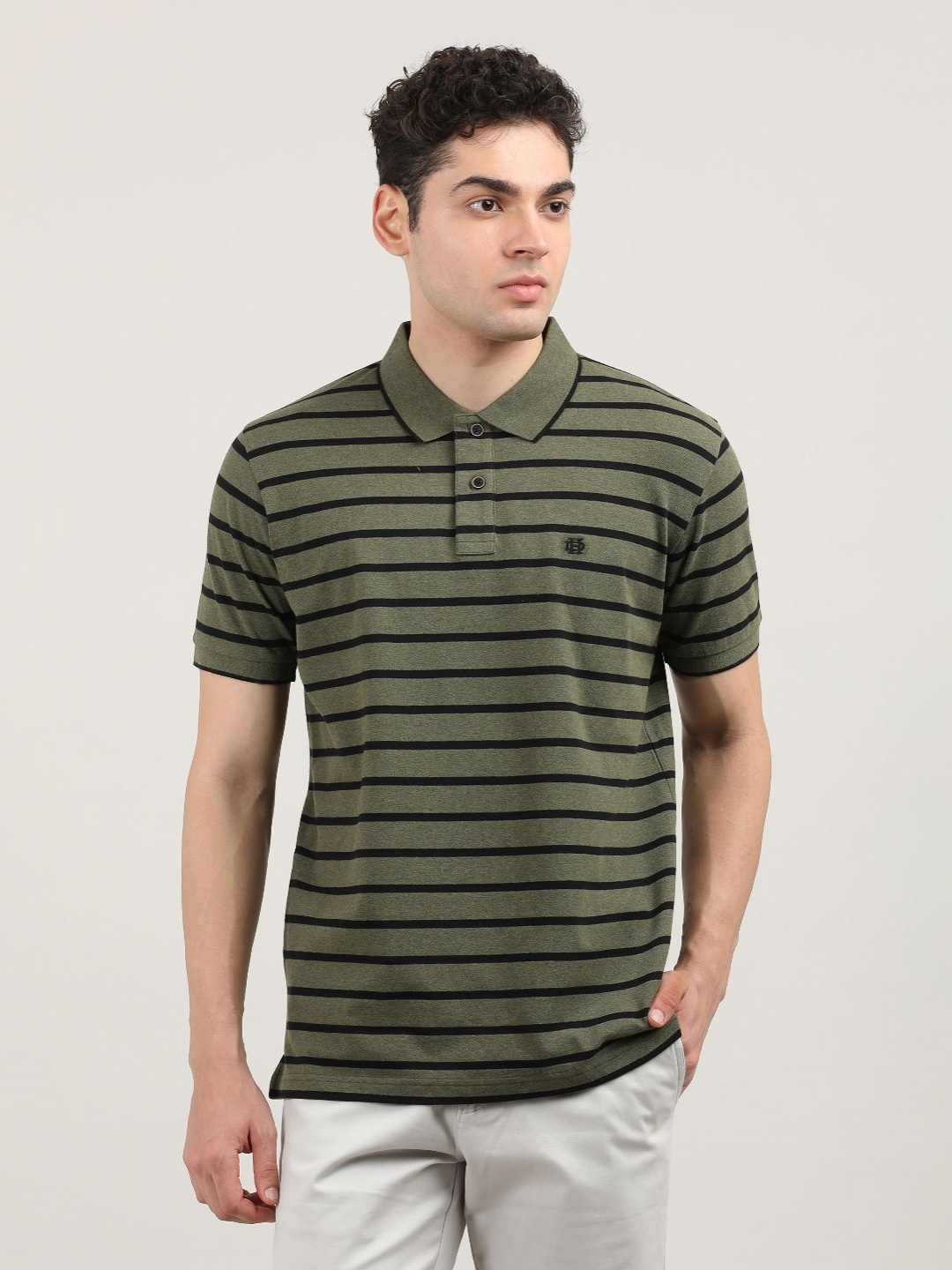 

DRAGON HILL Men Striped Polo Collar Pockets Slim Fit T-shirt, Olive