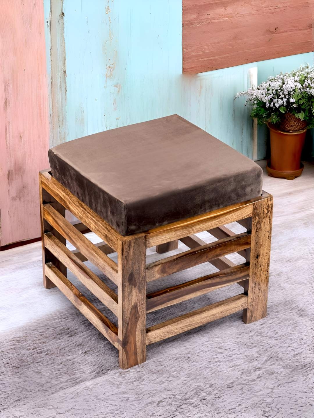 

Ikiriya Sheesham Wood Teak Finish Foot Stool with Velvet Cushion, Brown