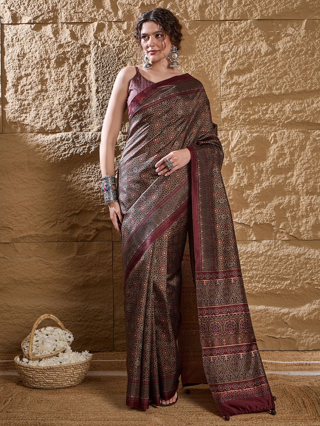 

Saree mall Ajrak Block Silk Blend Dabu Sarees, Olive