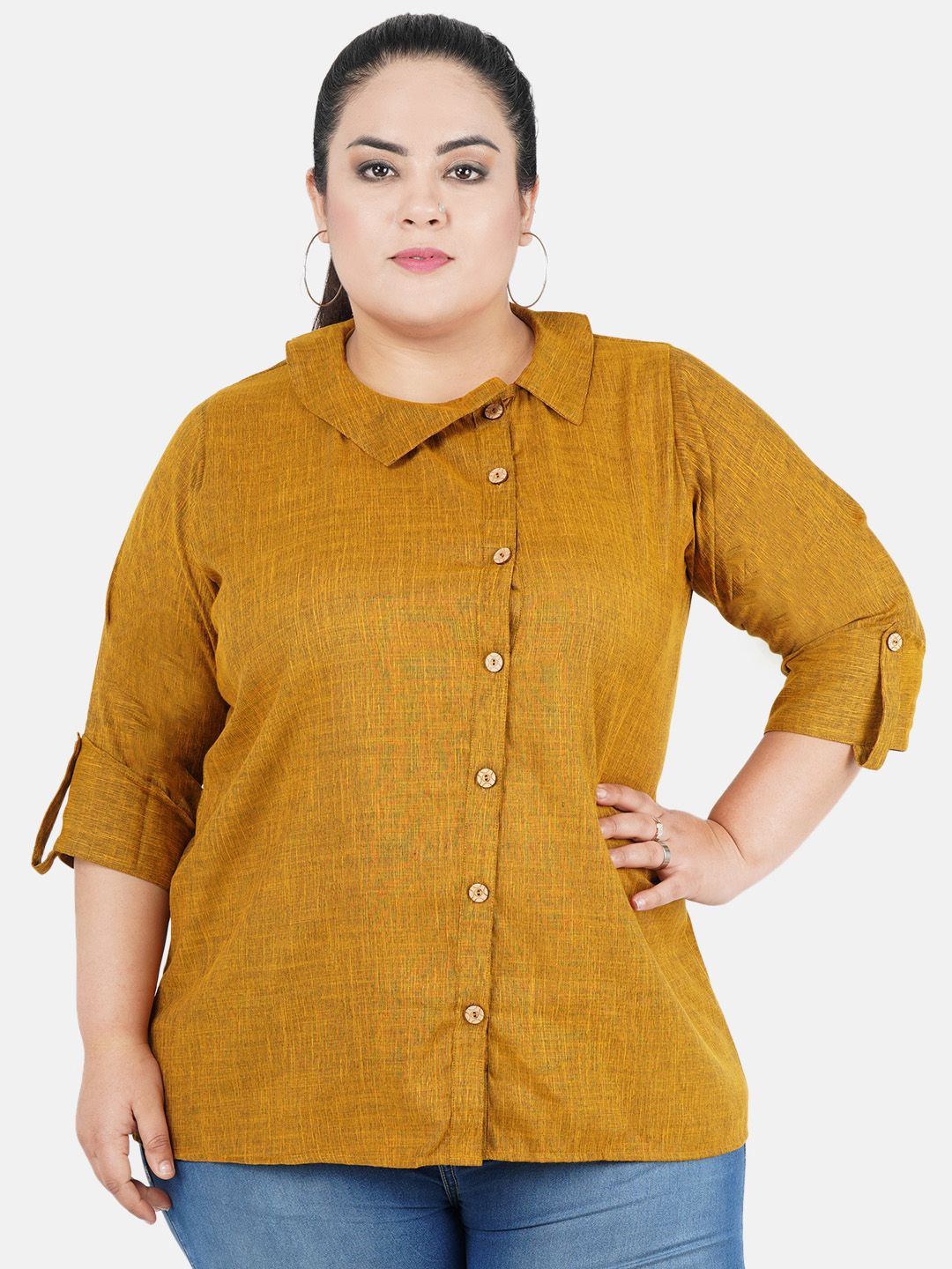 

Indietoga Women Plus Size Cotton Roll-Up Sleeves Shirt Style Top, Mustard