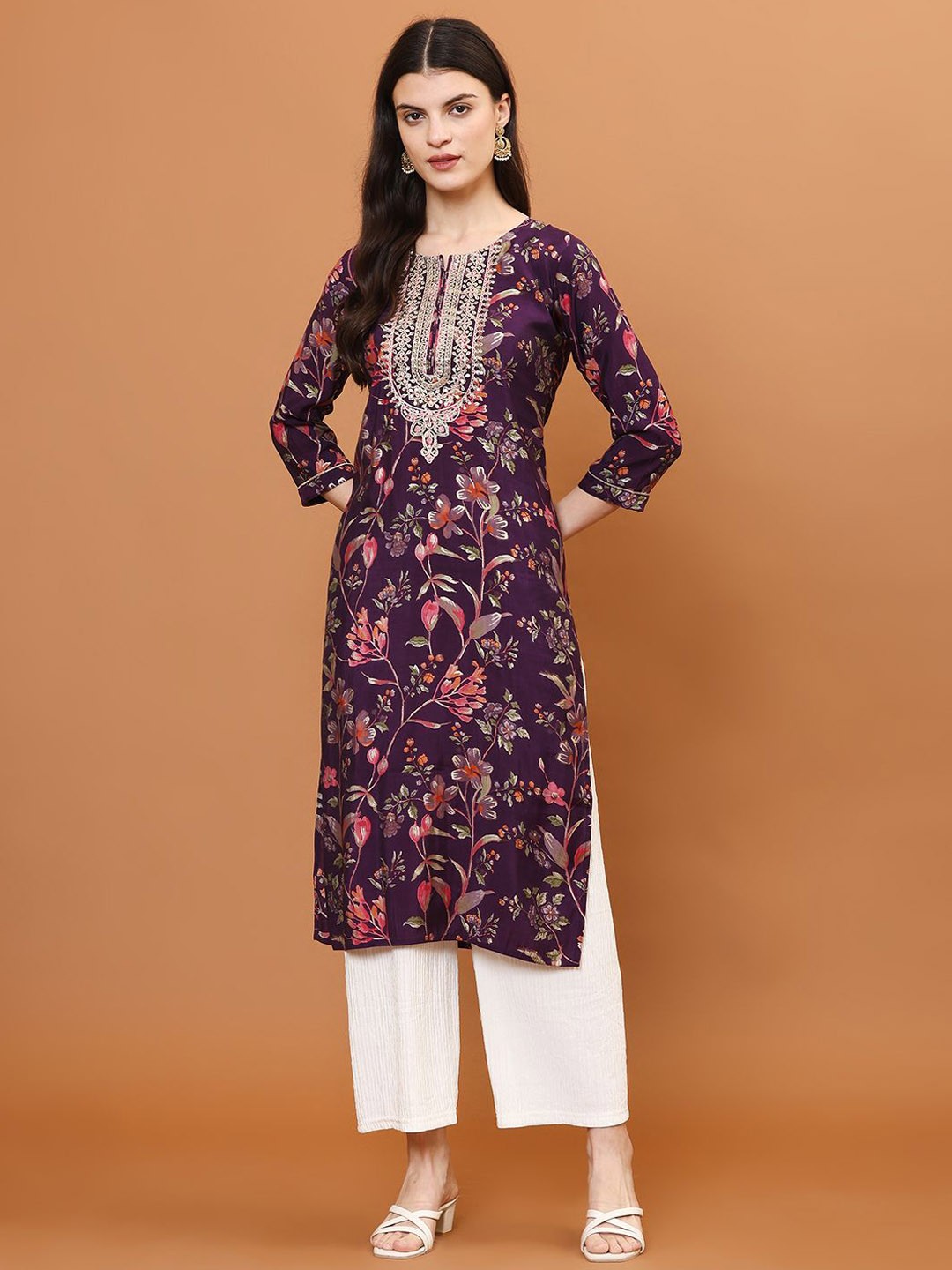 

Meena Bazaar Women Ethnic Motifs Printed Sequinned Kurta, Purple