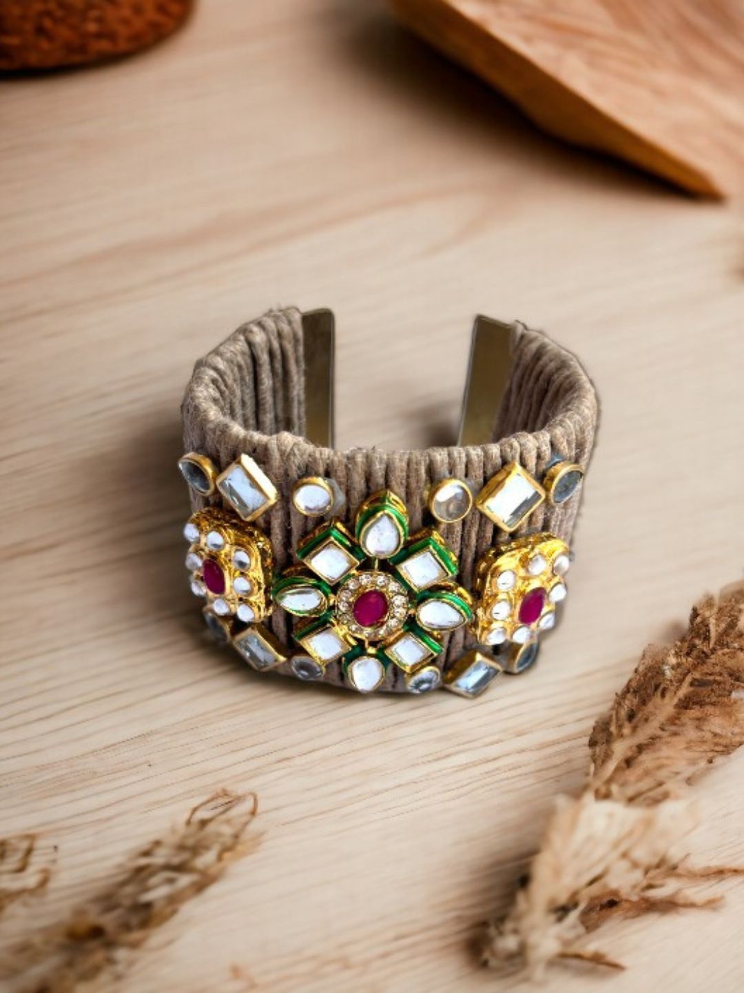 

VIVAZS Women Brass Kundan Handcrafted Gold-Plated Cuff Bracelet