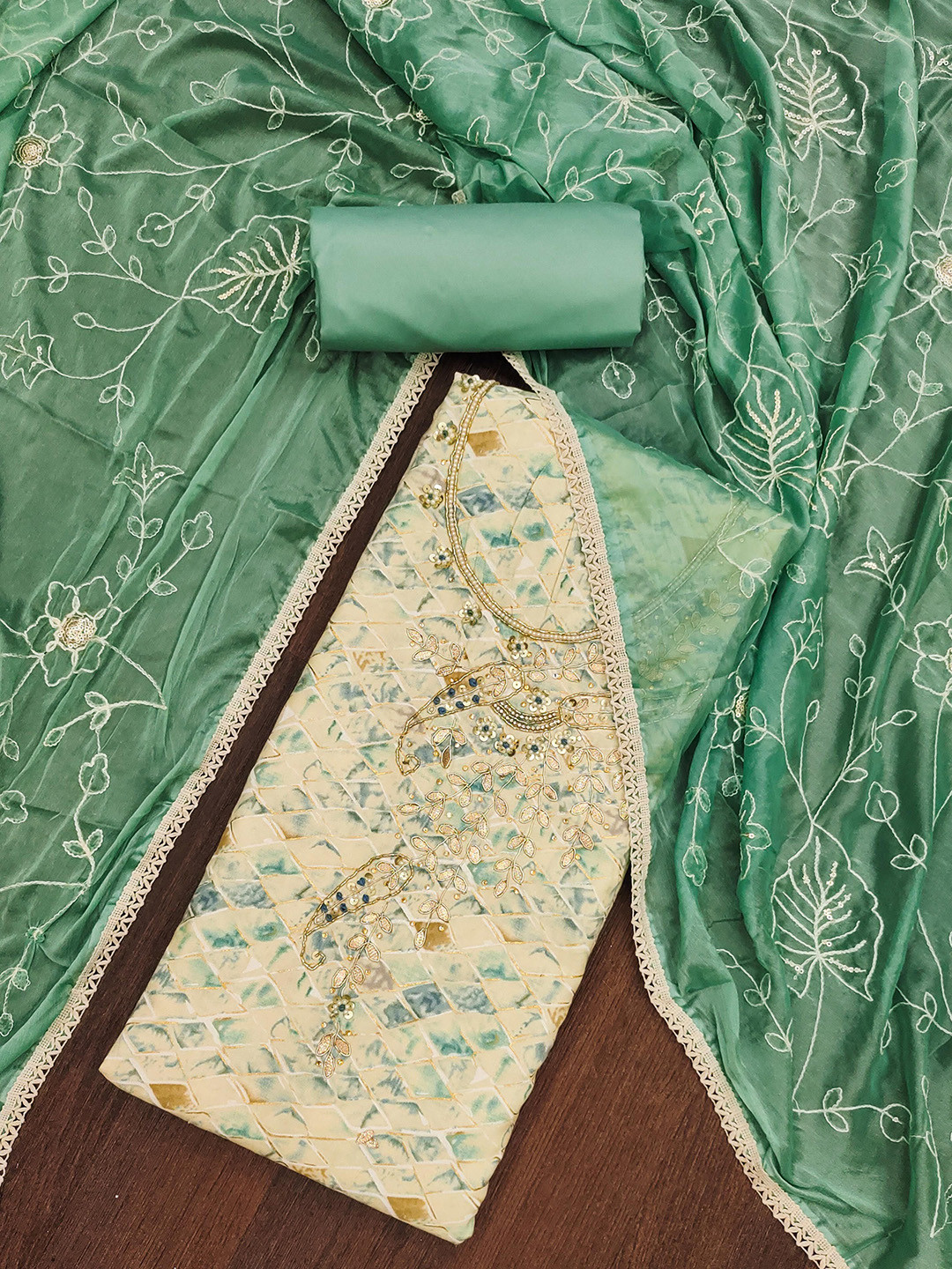 

KALINI Printed Pure Cotton Unstitched Dress Material, Cream