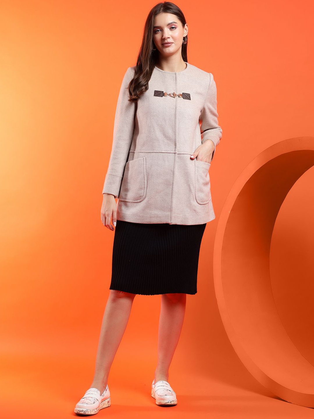 

Kotty Women Solid Overcoat with Buckle Detail, Cream