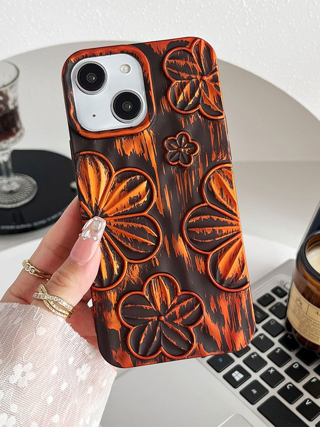 

Luxury Kase Floral Printed iPhone 14 Plus Back Case Mobile Accessories, Orange