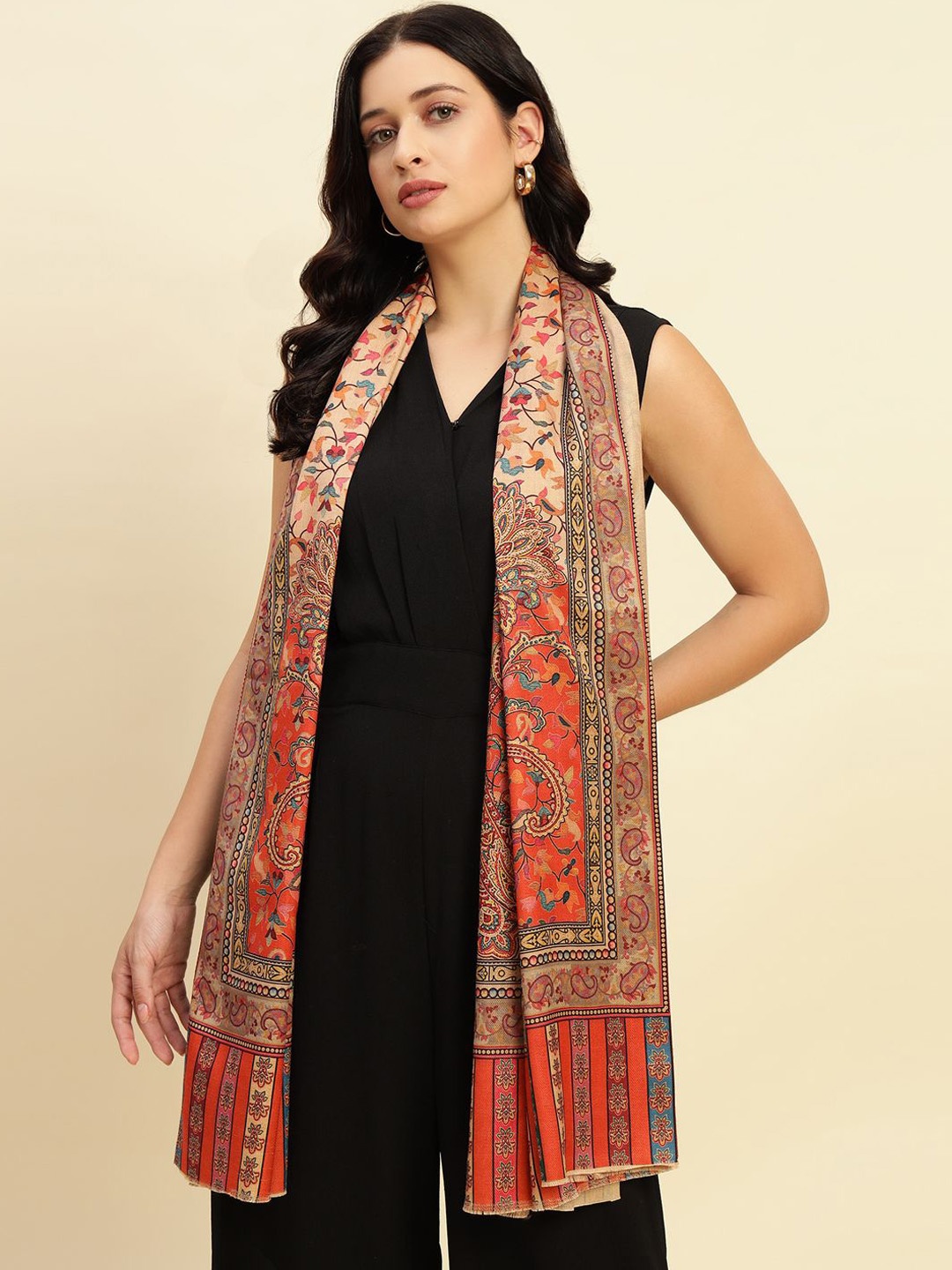 

WEAVERS VILLA Women Printed Shawl, Orange