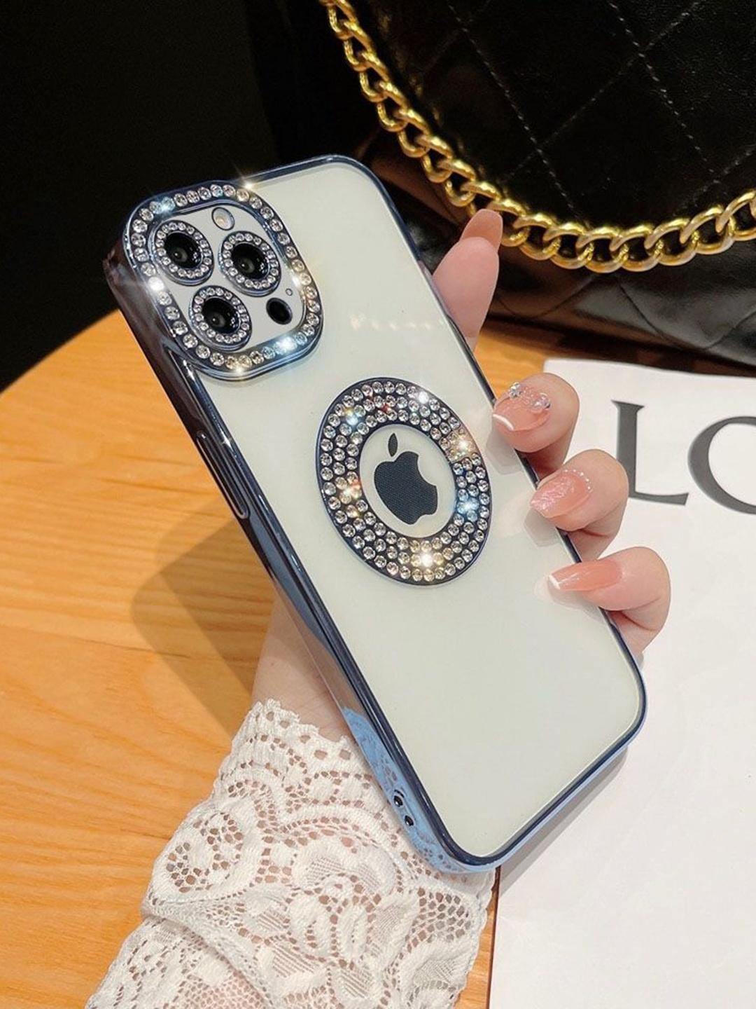 

LuxuryKase Blue Embellished LK030 iPhone 16 Pro Logo Hole Phone Case