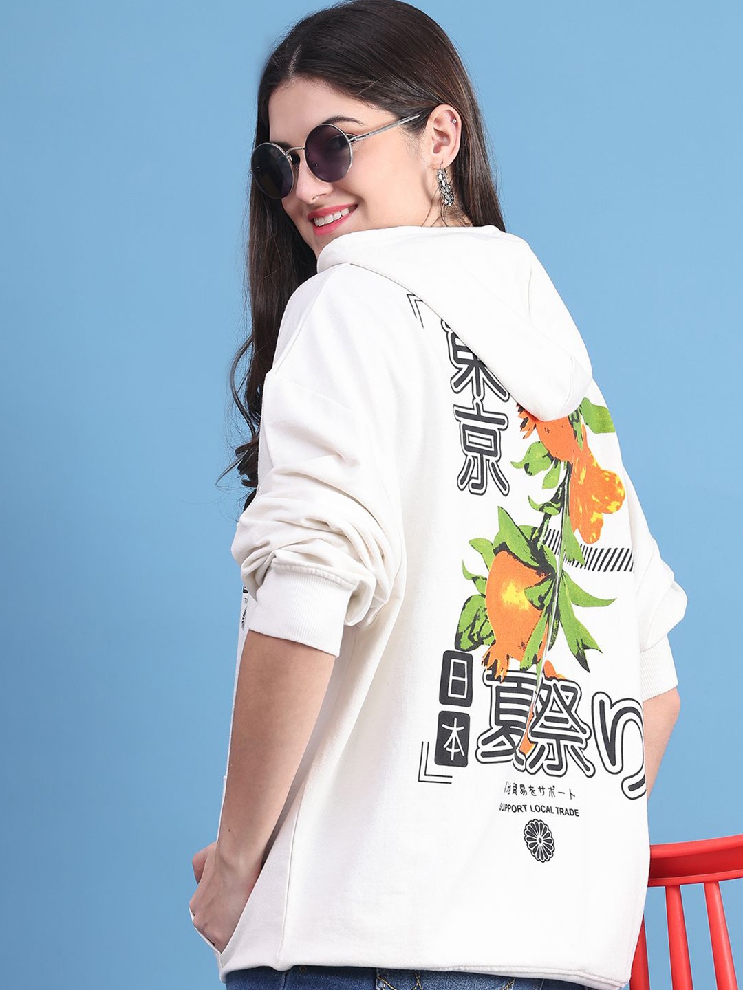 

DOOR74 Women Printed Hooded Pullover Sweatshirt, Off white