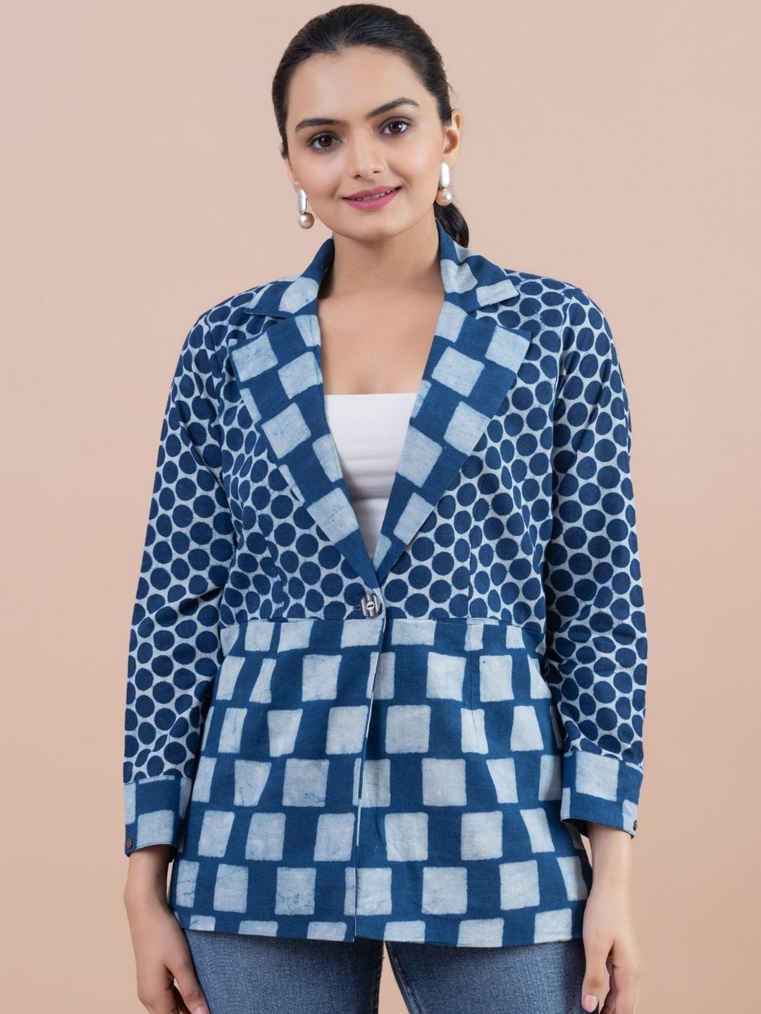 

Komarri U Women Geometric Open Front Jacket, Blue