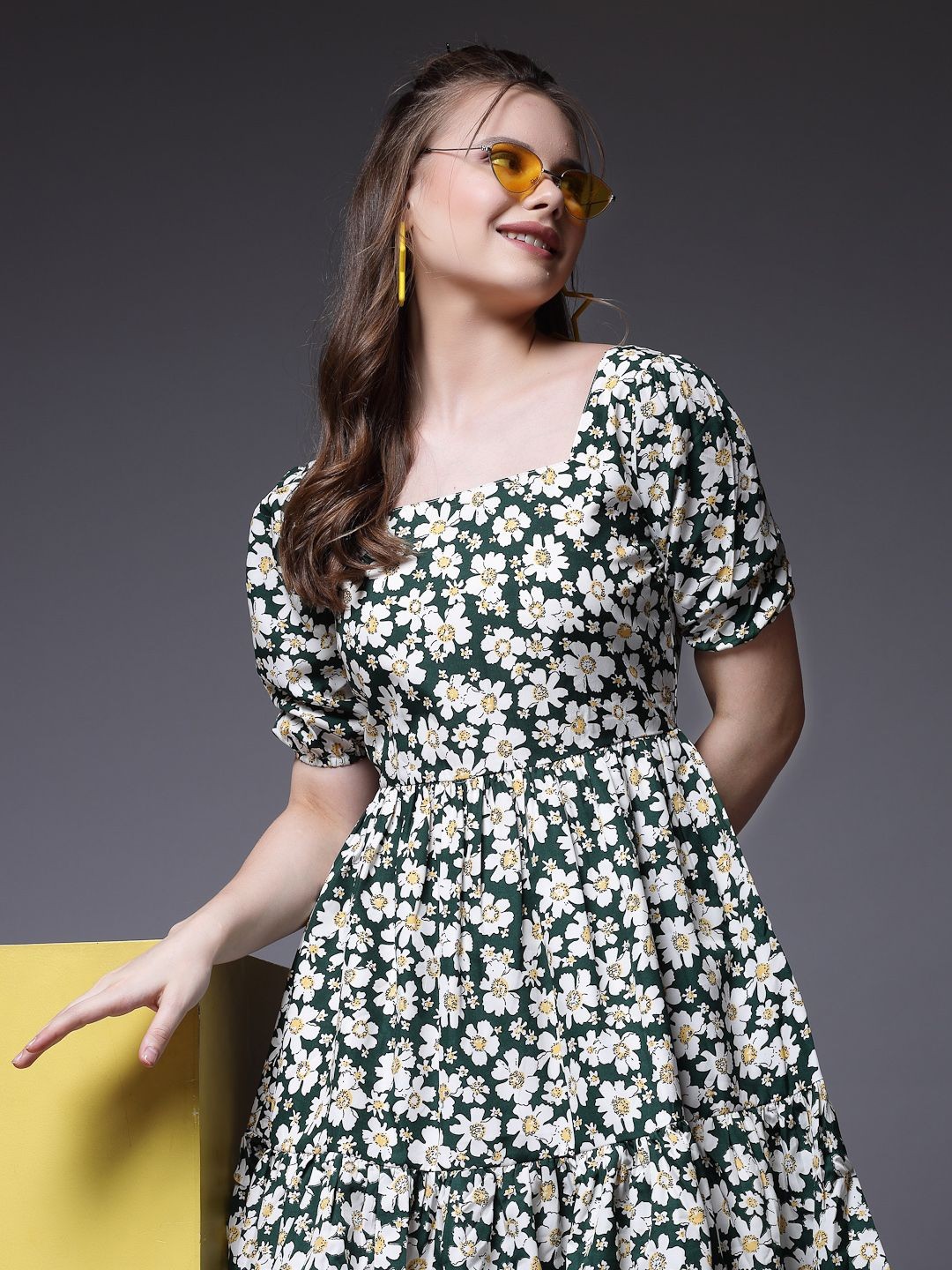 

BEING NAUGHTY Women Floral Print Puff Sleeve Fit & Flare Dress, Green