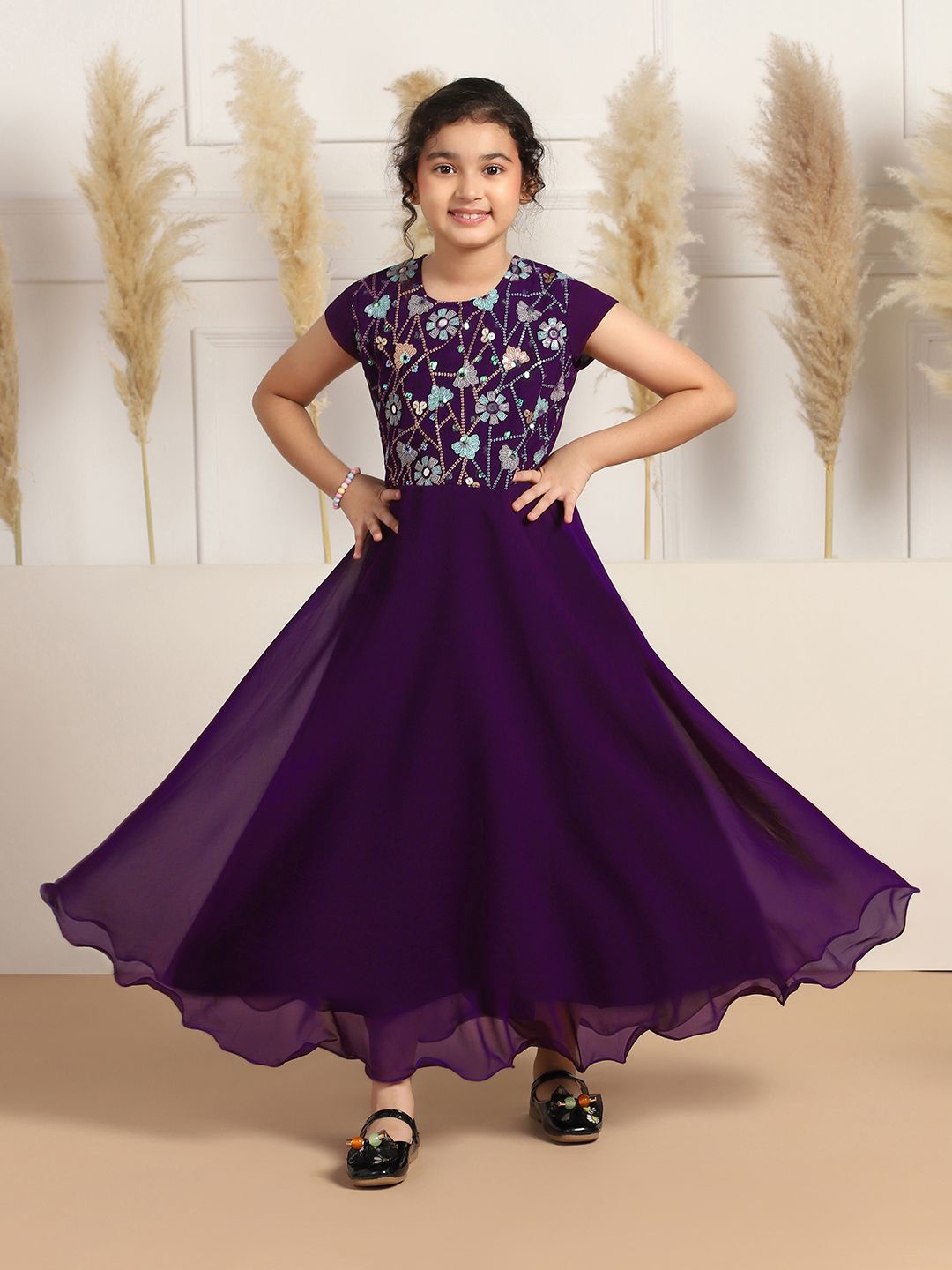 

BAESD Girls Floral Embroidered Georgette Fit & Flare Maxi Dress, Purple