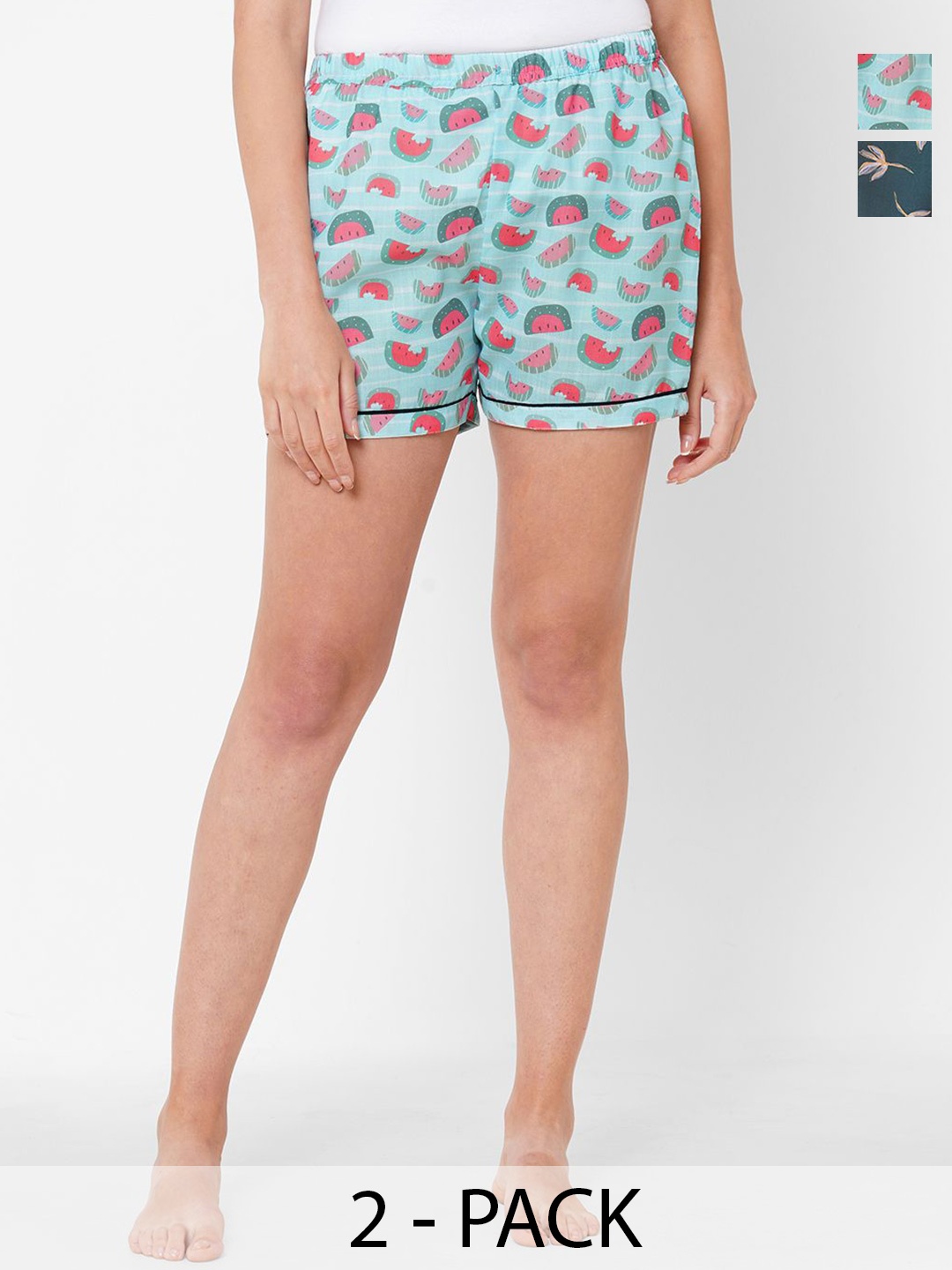 

FashionRack Women Pack Of 2 Printed Mid-Rise Lounge Shorts, Teal