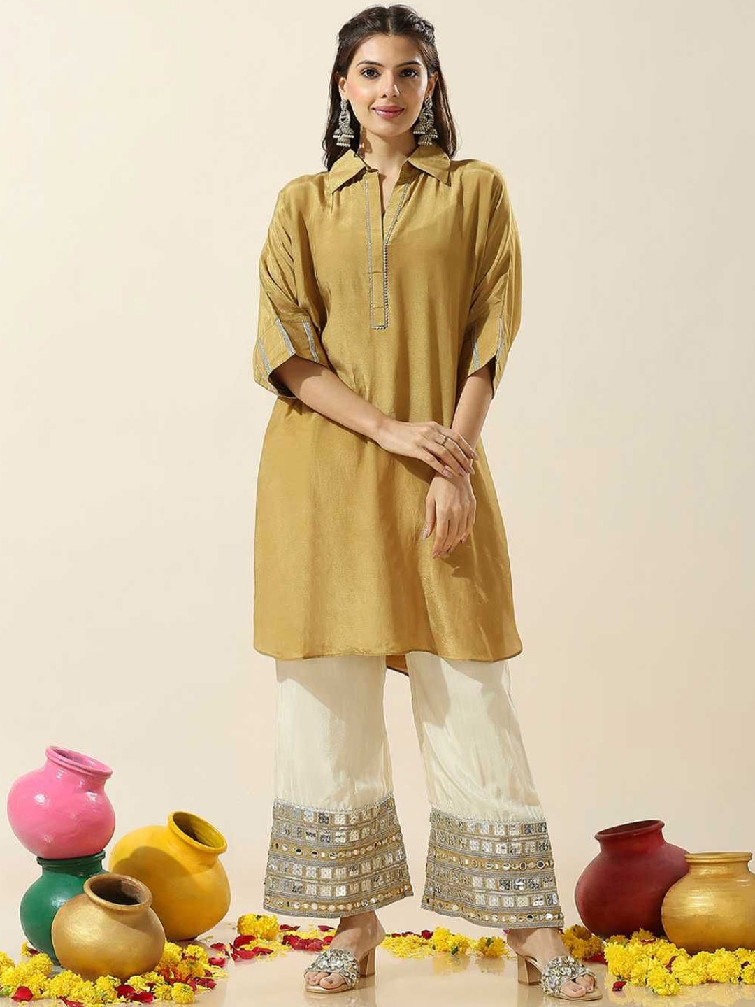 

Label Ishnya Women Ethnic Motifs Regular Mirror Work Kurti with Palazzos, Mustard