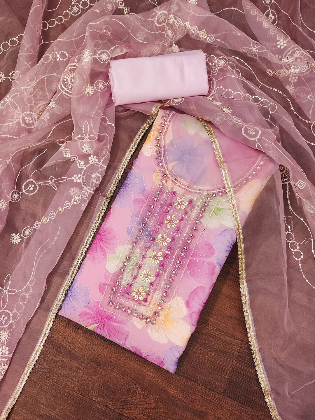 

KALINI Embroidered Organza Unstitched Dress Material, Pink