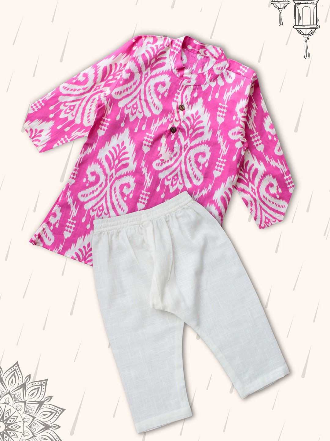 

Peekaaboo Kids Boys Leheriya Printed Regular Pure Cotton Kurta with Pyjamas, Pink