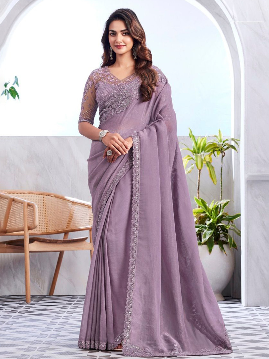 

Reboot Fashions Women Embroidered Beads and Stones Saree With Blouse Piece, Lavender