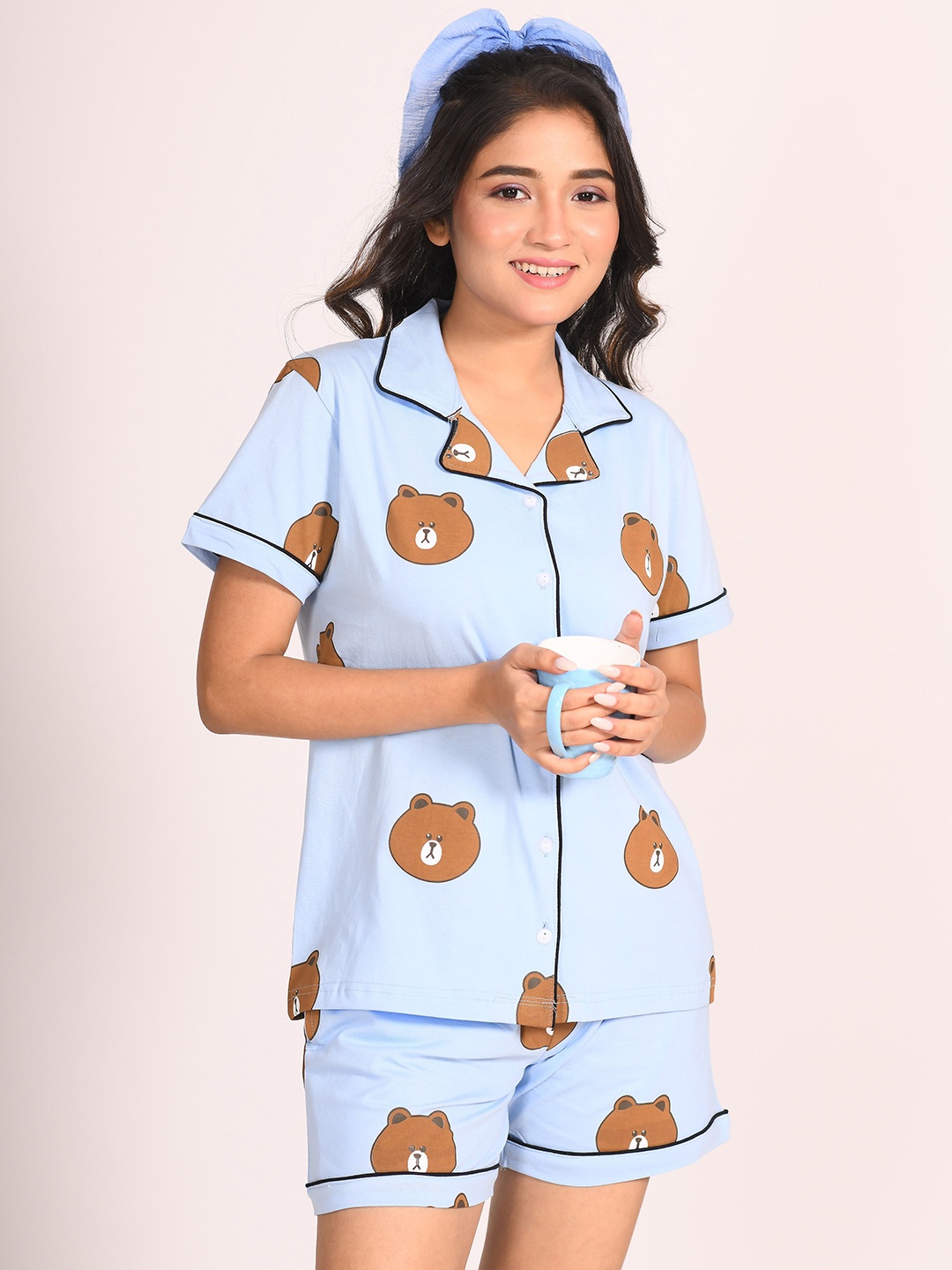 

NAP STORY Bear Printed Half Sleeves Shirt and Shorts Nightsuit Set, Blue