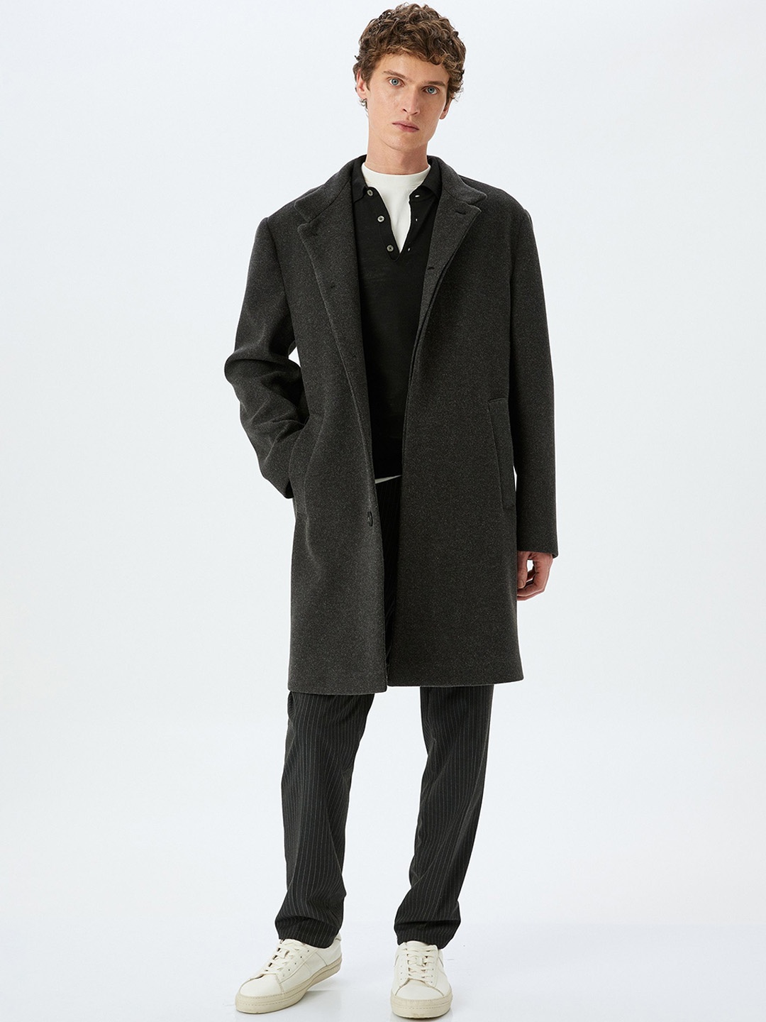 

Koton Notched Lapel Longline Coat, Grey