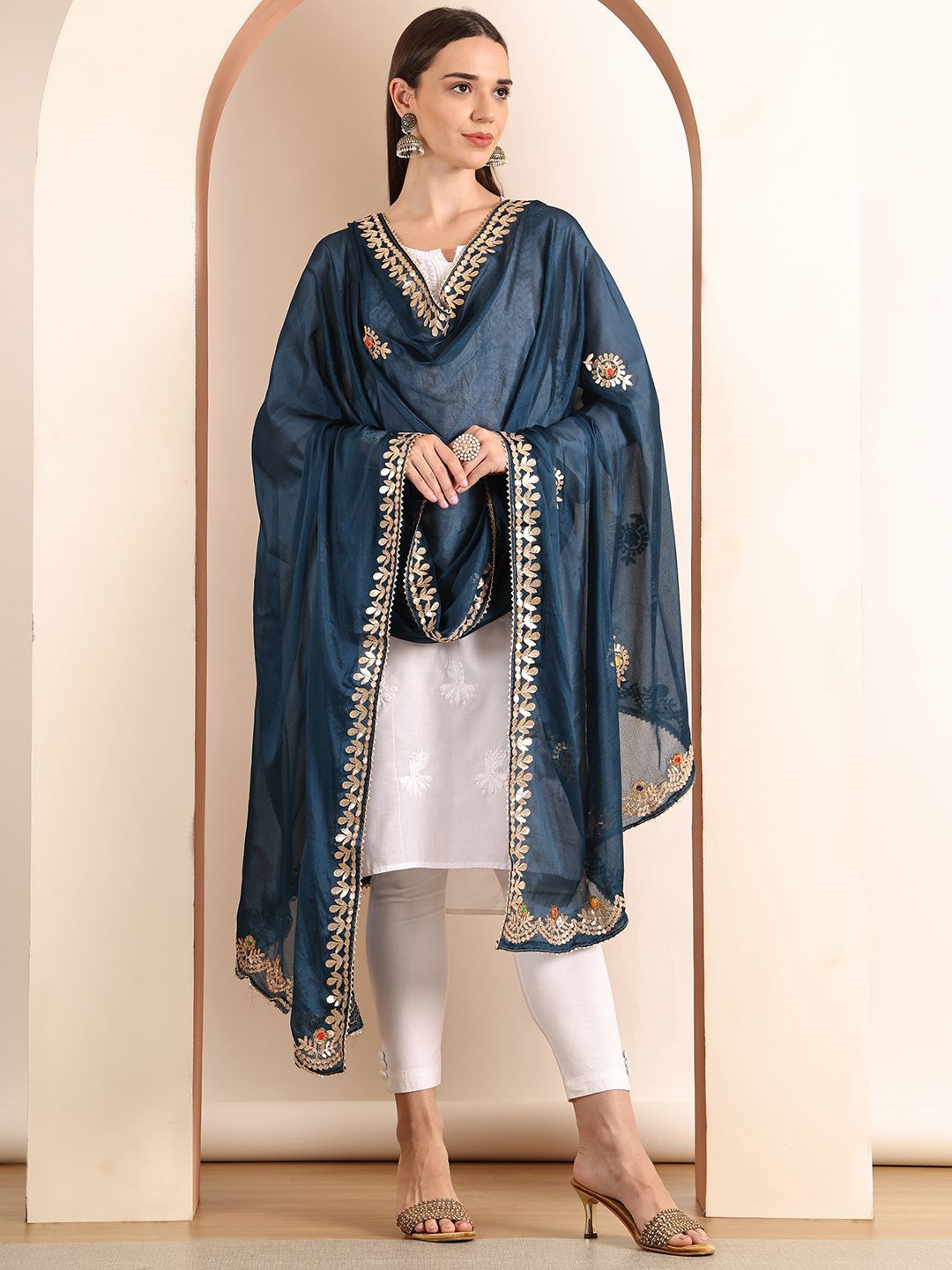 

SOUNDARYA Embroidered Dupatta with Gotta Patti, Navy blue