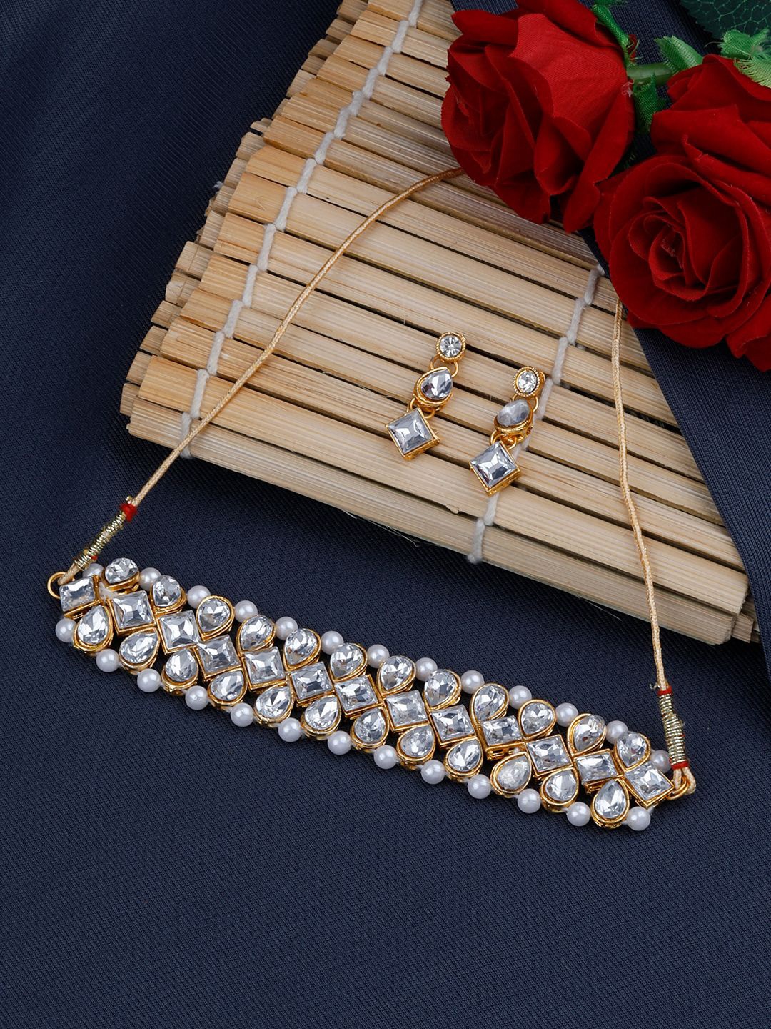 

Silver Shine Gold-Plated Kundan-Studded & Beaded Jewellery Set