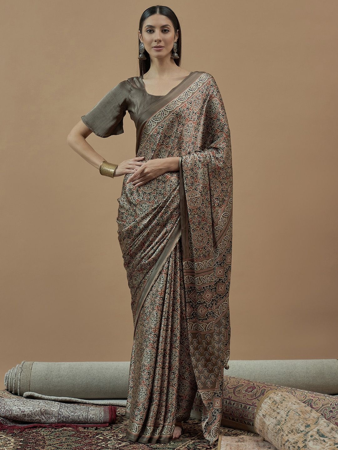 

Saree mall Ajrak Block Poly Crepe Block Print Sarees, Beige