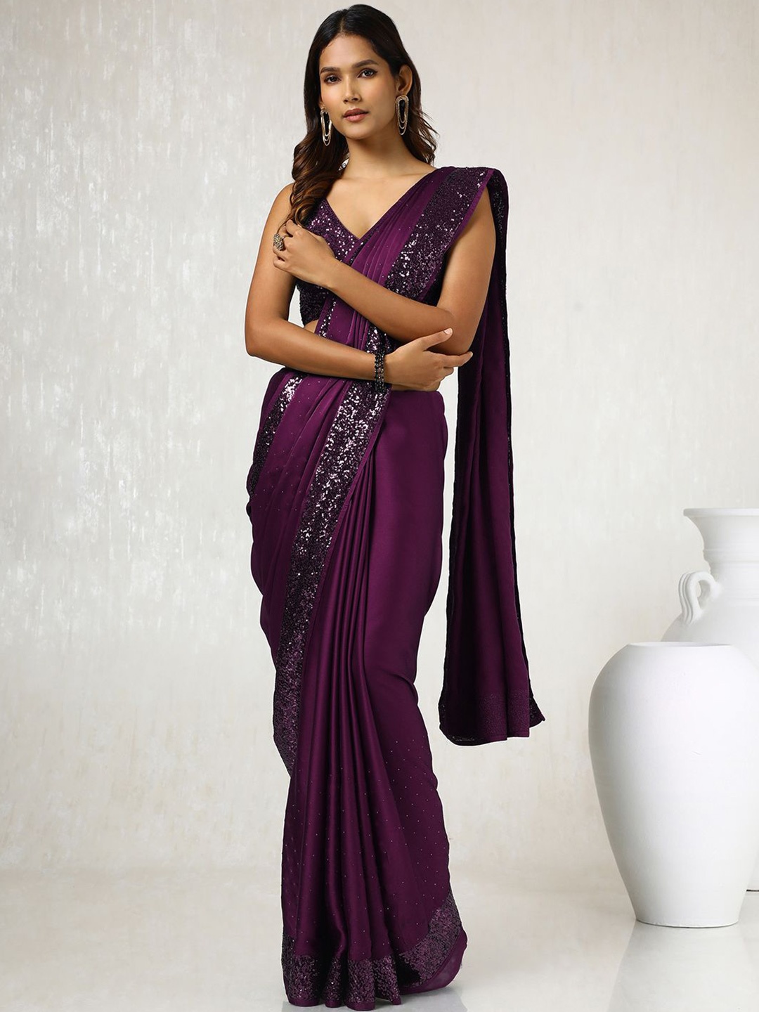 

Soch Embellished Sequinned Satin Saree, Purple