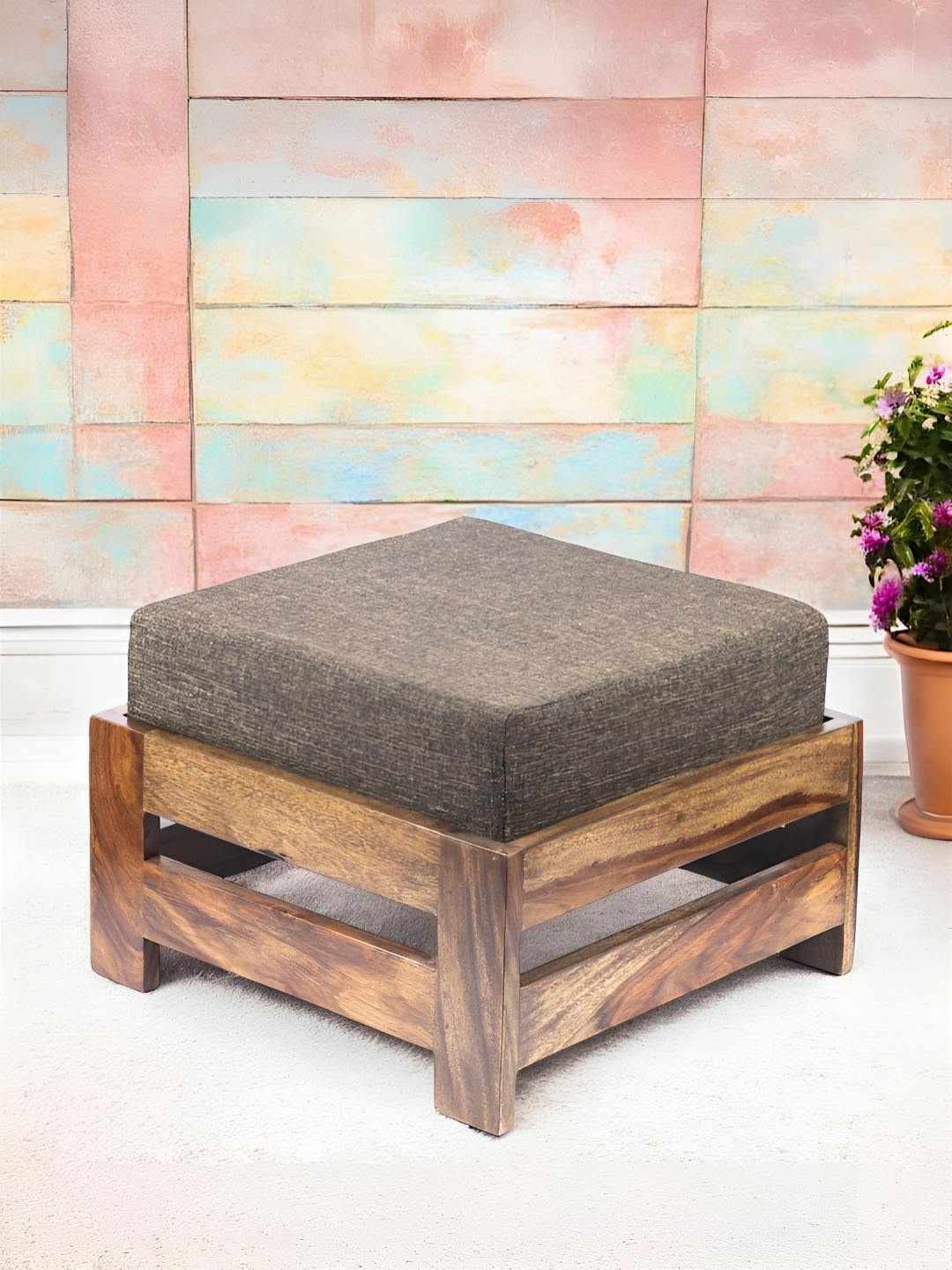 

Ikiriya Wood Contemporary Square Foot Stool in Teak Finish with Jute Brown Cushion