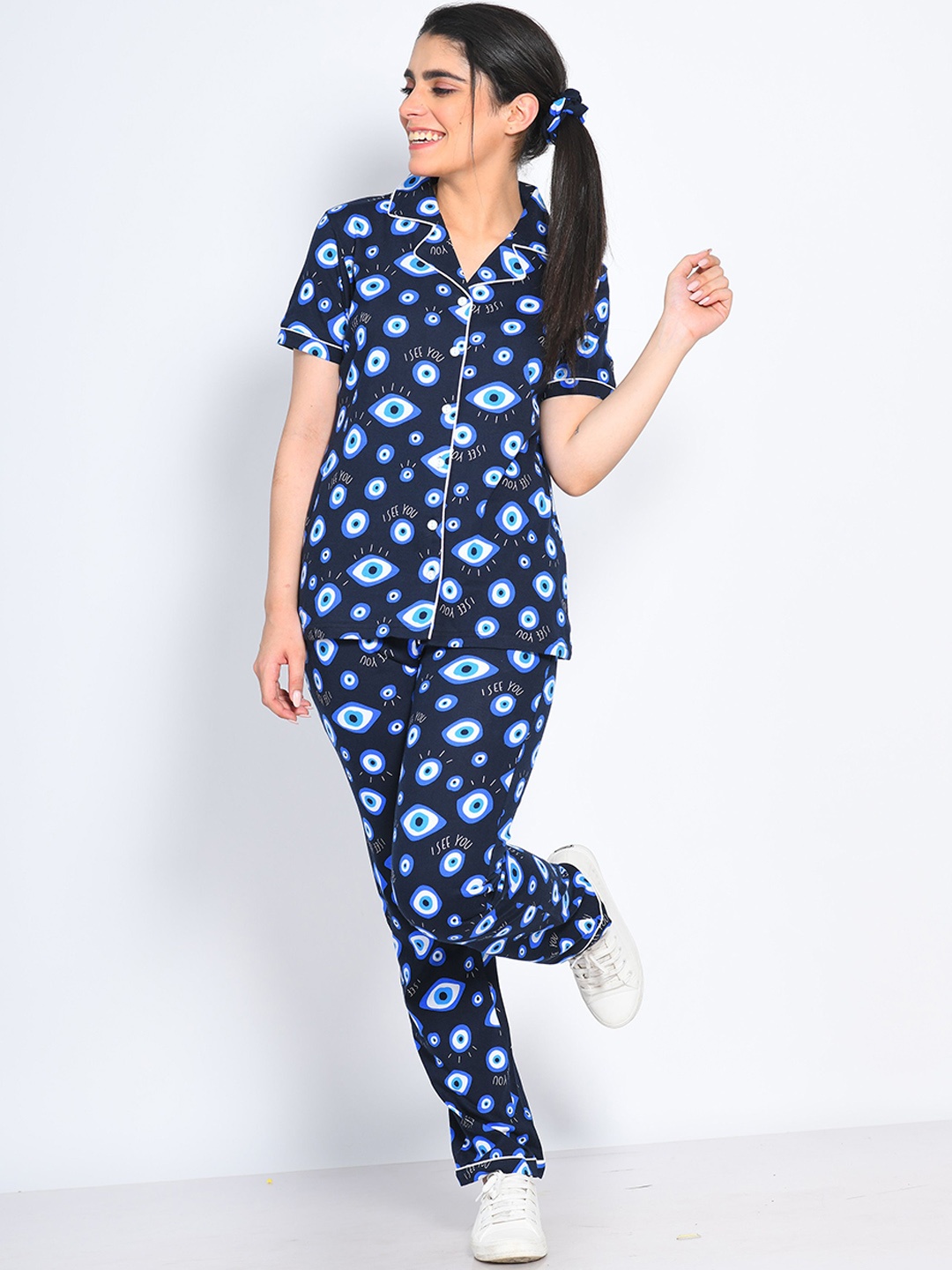 

NAP STORY Women Evil Eye Printed Shirt & Pyjama Nightsuit Set, Navy blue