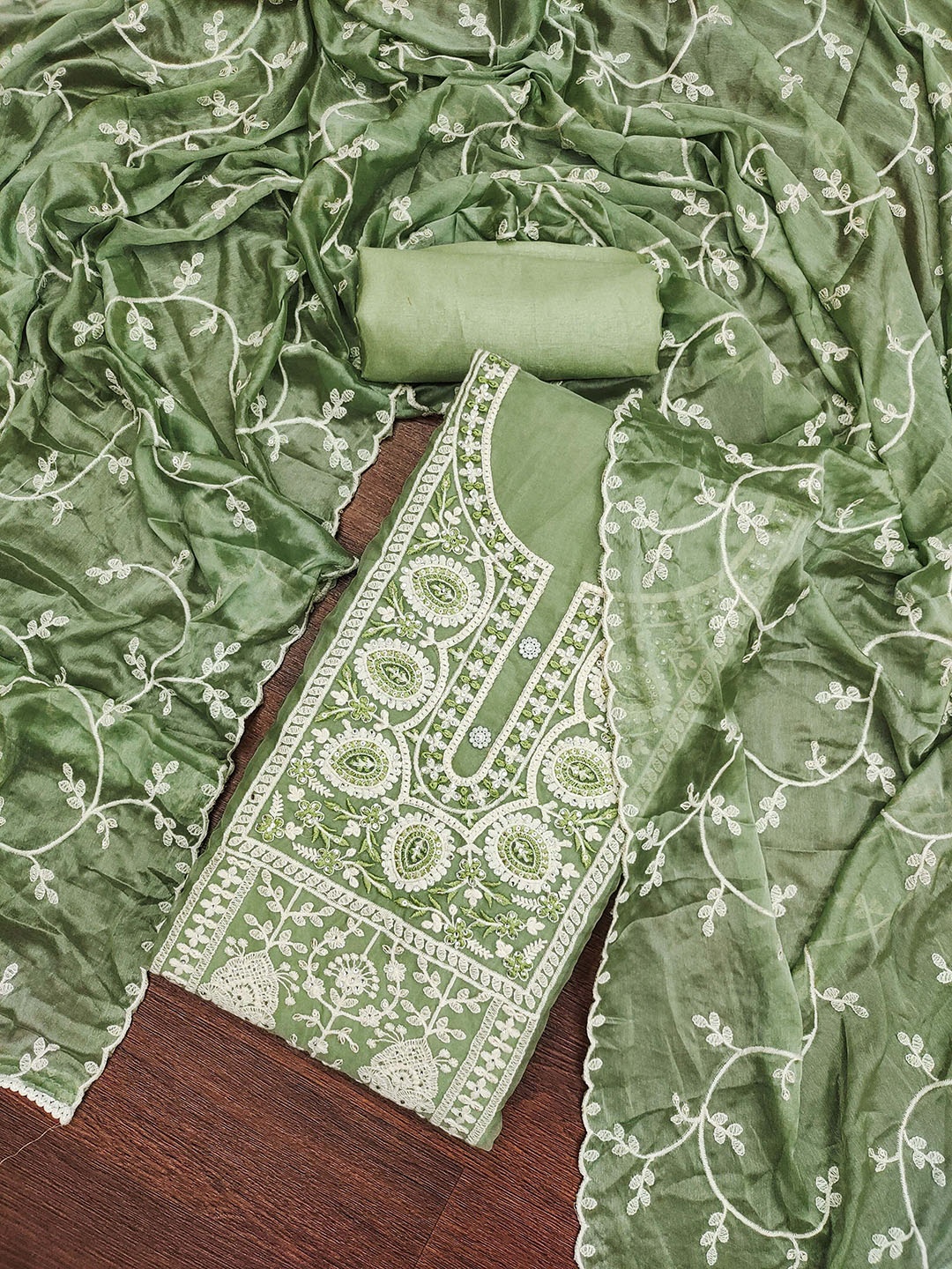 

KALINI Embroidered Organza Unstitched Dress Material, Green