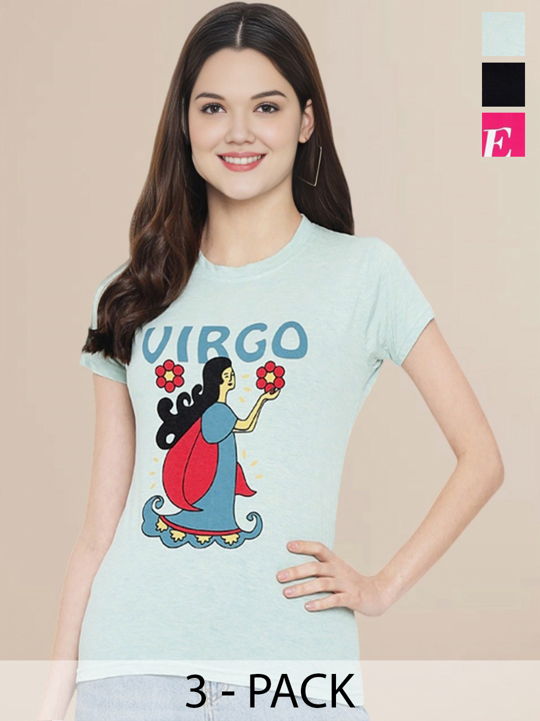 

Metronaut Women Pack Of 3 Typography Printed Round Neck Cotton Mickey Mouse T-shirts, Pink